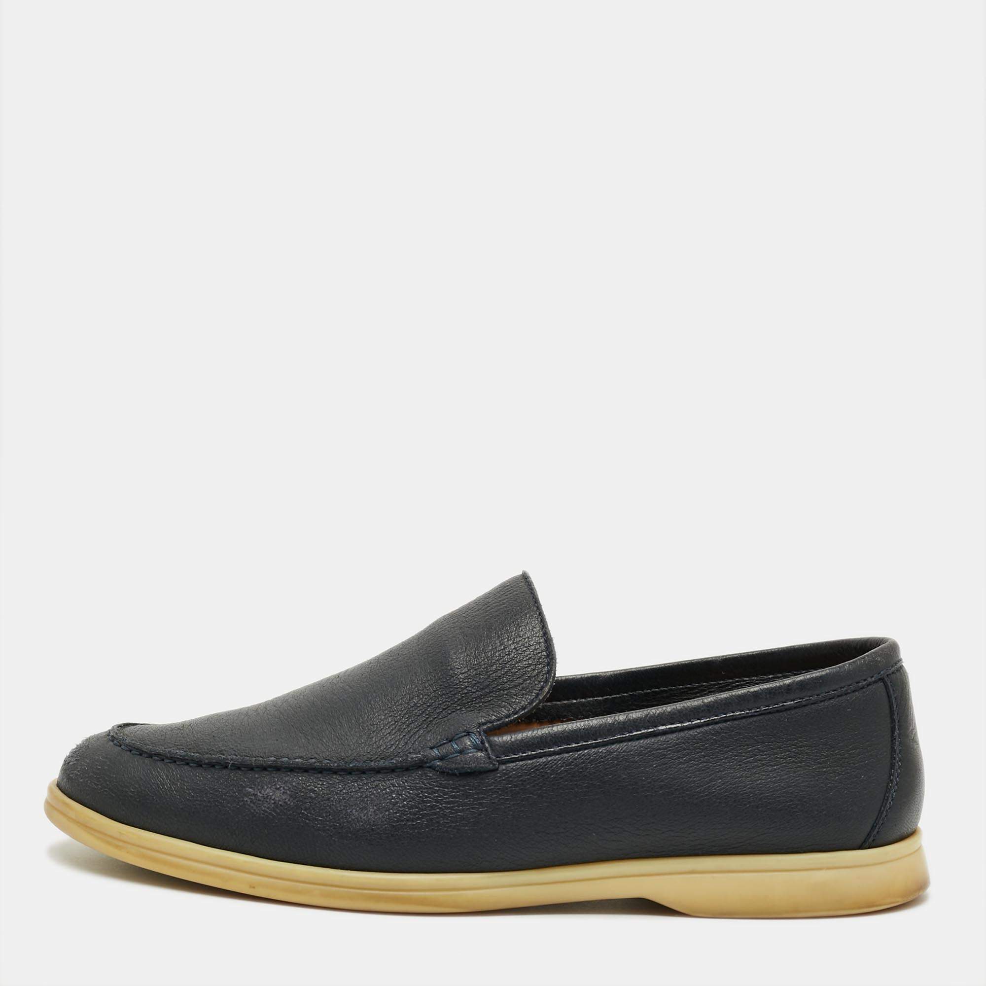 مملوكة مسبقًا Loro Piana Summer Walk Size 44 Navy Blue Leather Loafers