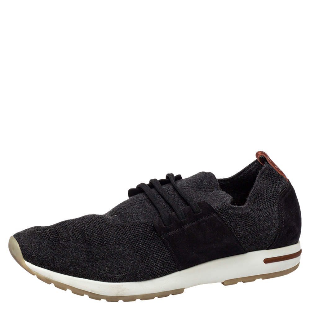 Loro Piana Dark Grey Knit Fabric And Nubuck Slip On Sneakers Size 45