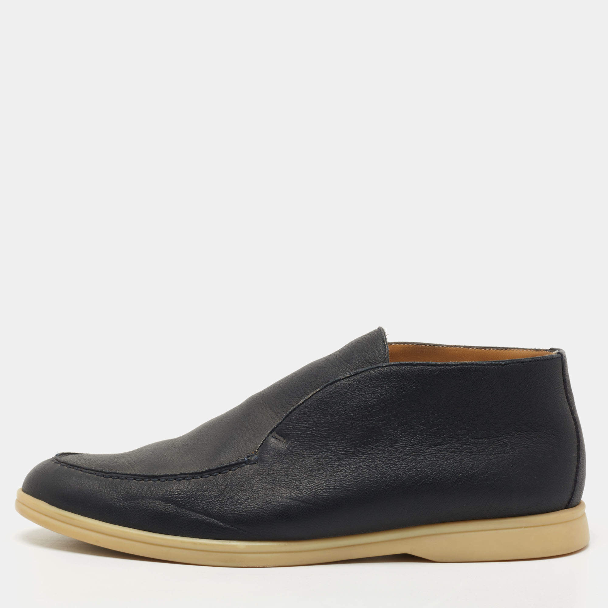 Pre Owned Loro Piana Navy Blue Leather Open Walk Ankle Boots Size 44