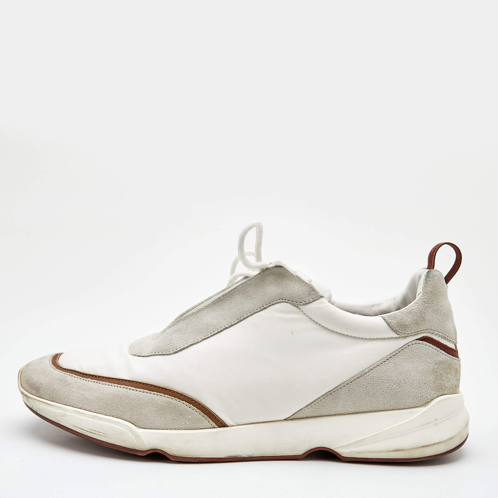 Pre Owned Loro Piana White/Grey Nylon and Suede Low Top Sneakers Size 46