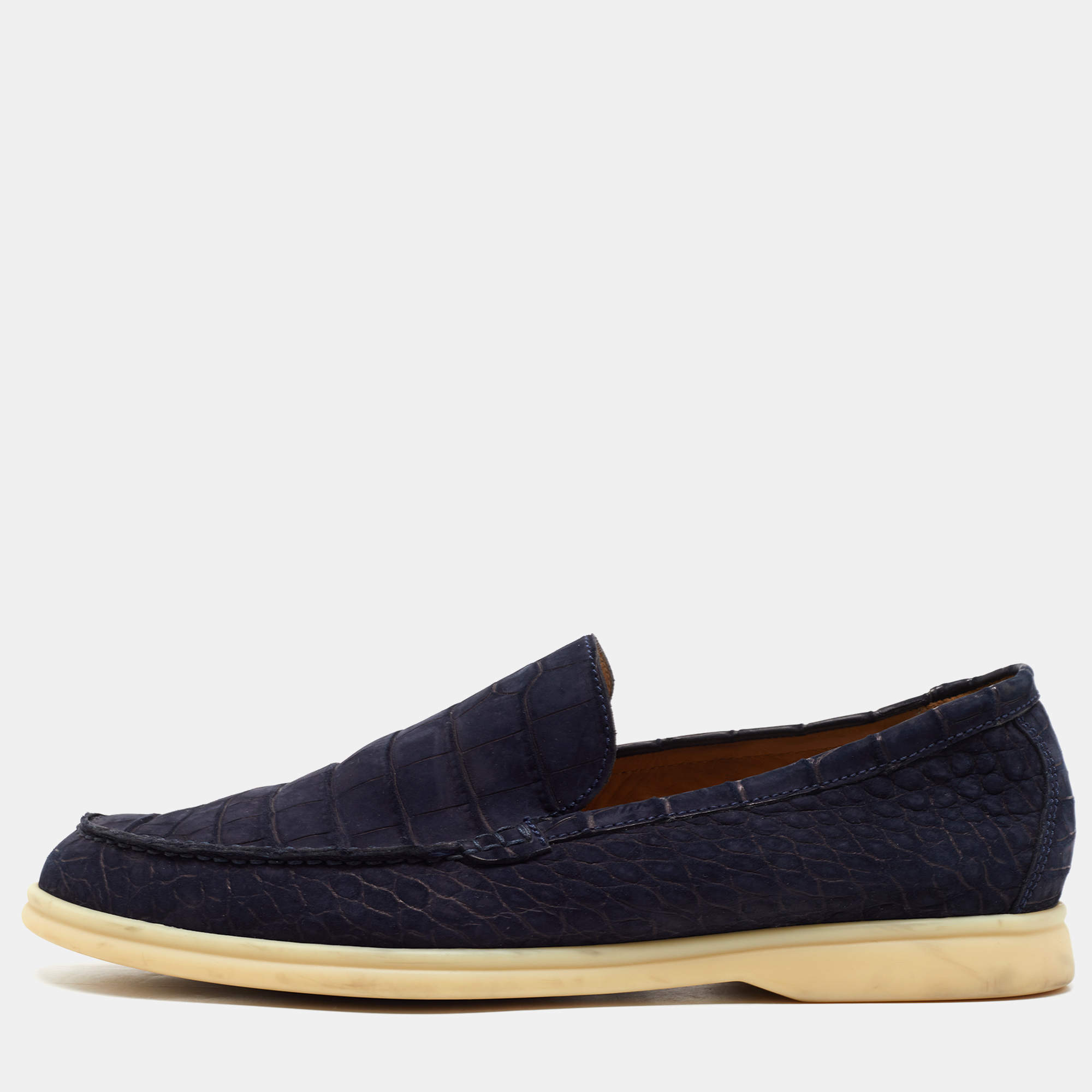 Pre Owned Loro Piana Navy Blue Croc Embossed Leather Loafers Size 41