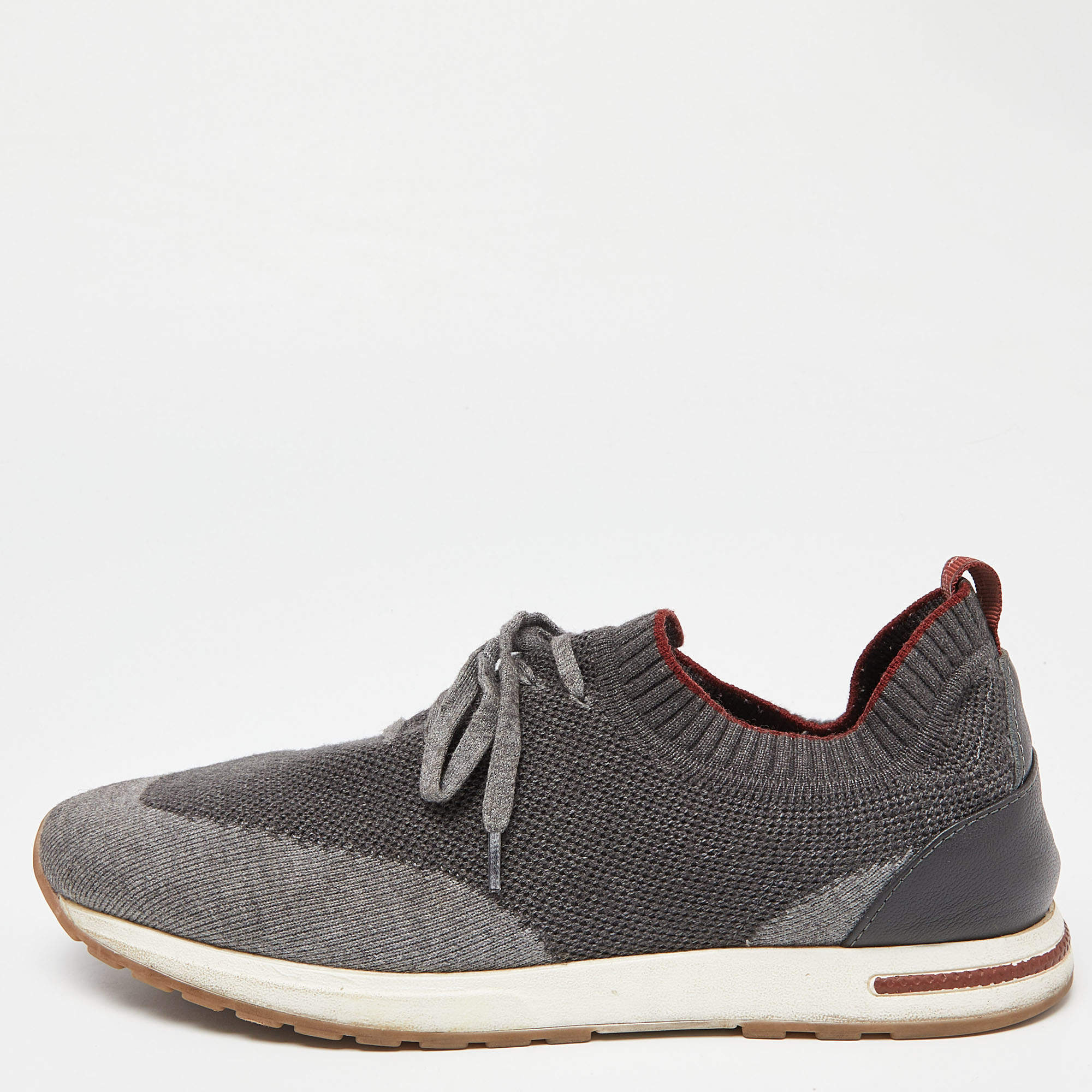 Pre Owned Loro Piana Grey Knit Fabric and Leather 360 Flexy Walker Slip On Sneakers Size 41