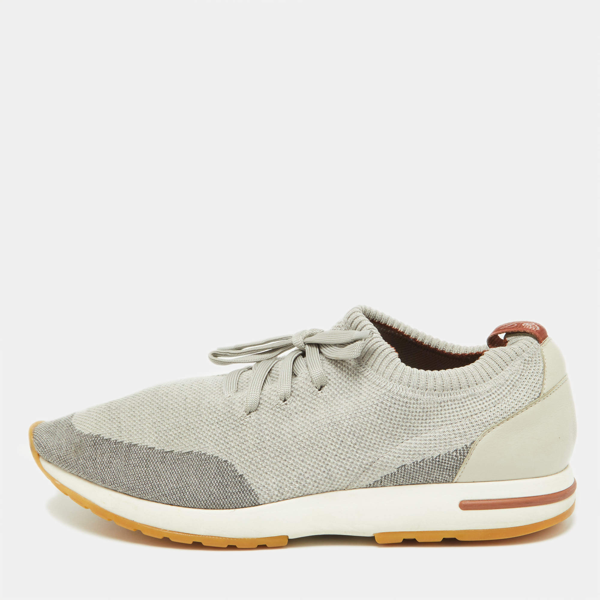 Pre Owned Loro Piana Grey Knit Fabric and Leather 360 Flexy Walker Slip On Sneakers Size 45