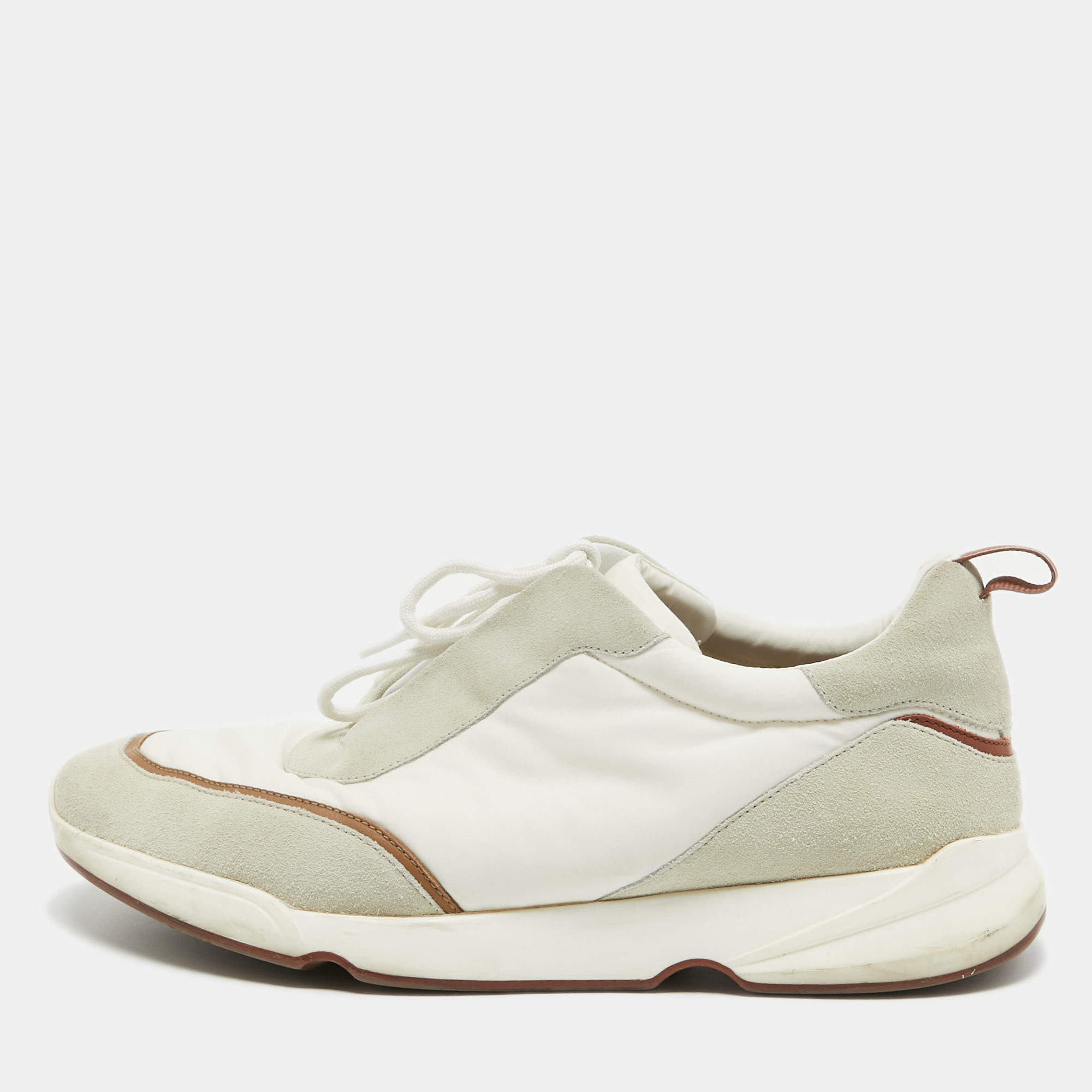 Pre Owned Loro Piana White/Grey Suede And Nylon Lace Up Sneakers Size 42