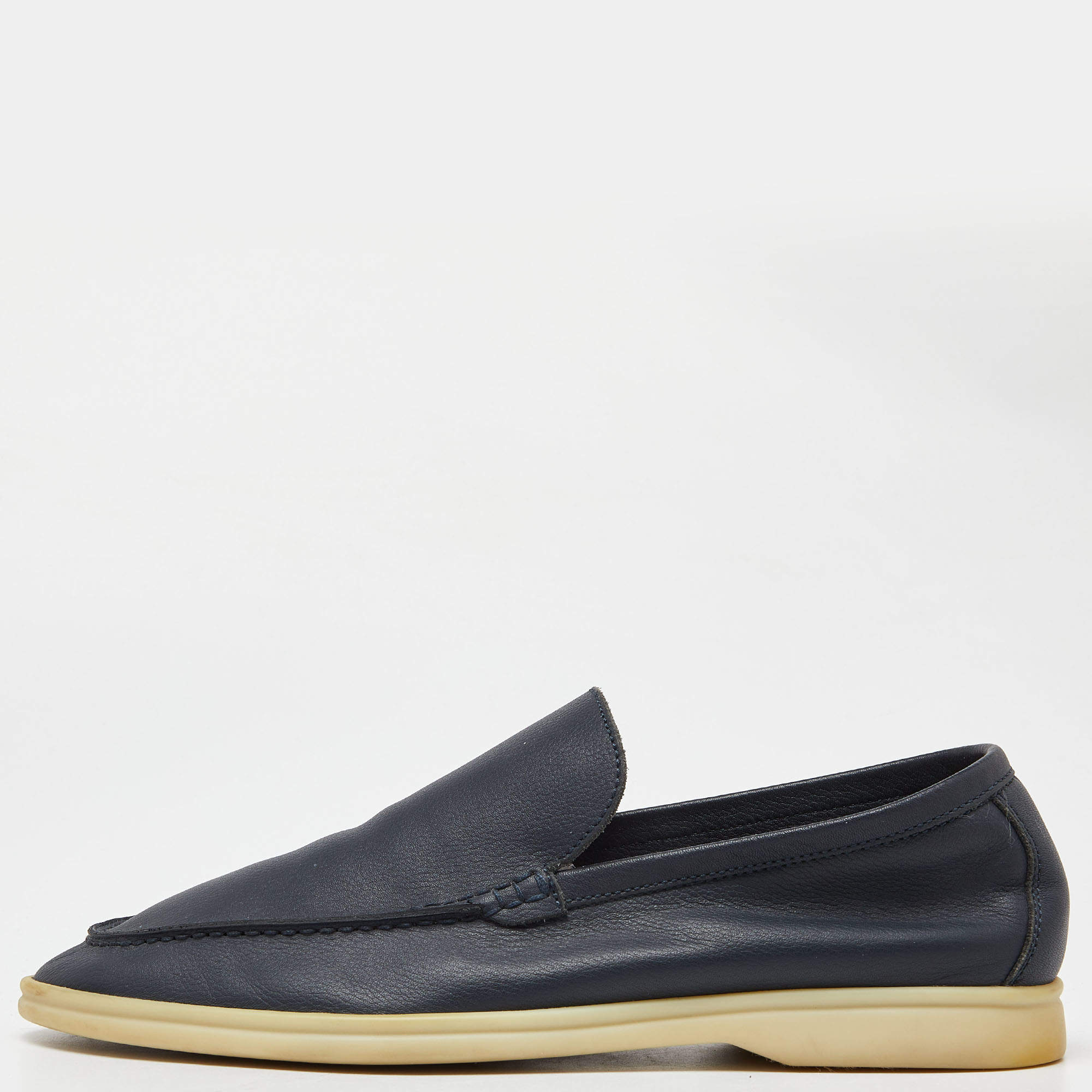 Pre Owned Loro Piana Navy Blue Leather Summer Walk Slip On Loafers Size 42.5