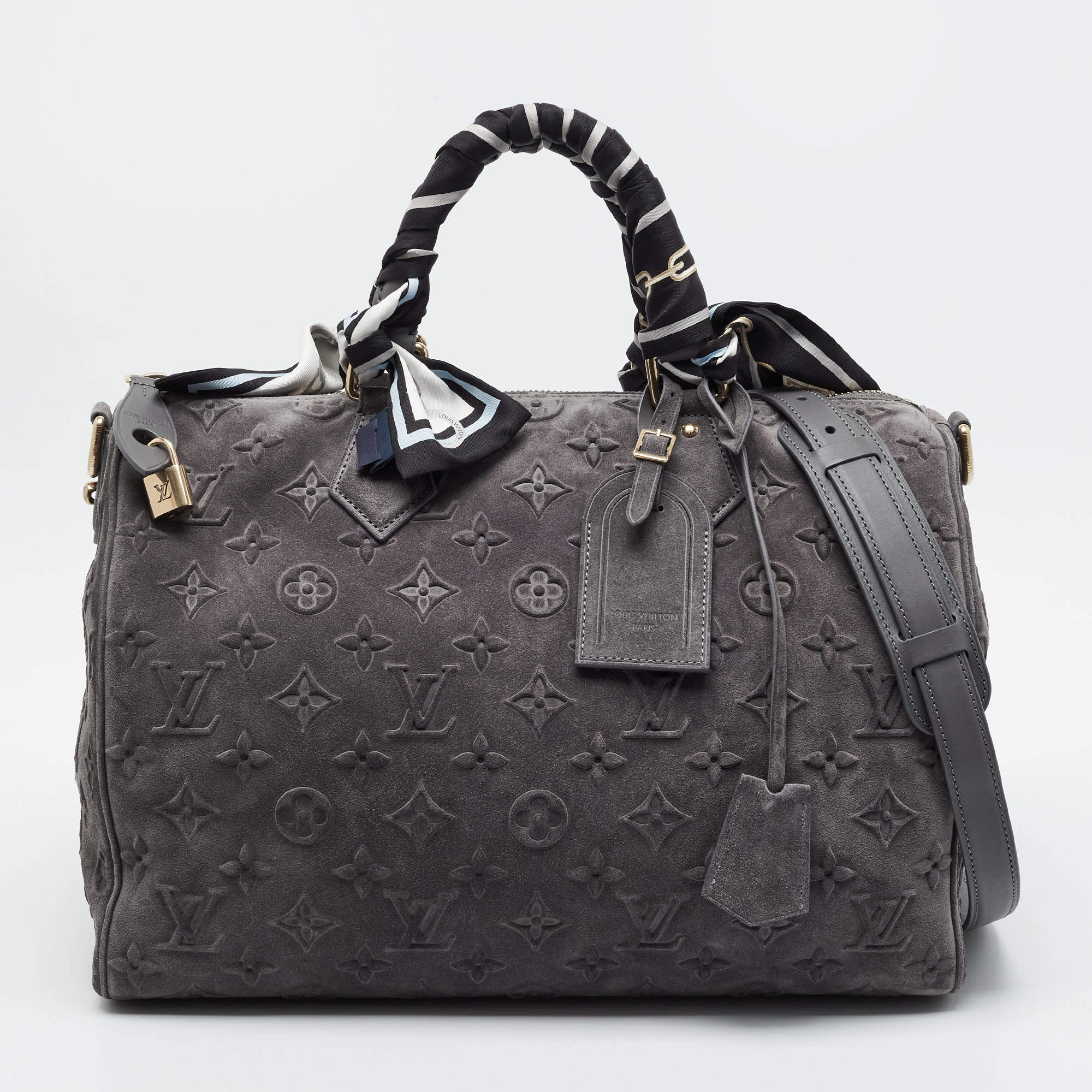 Pre Owned Louis Vuitton Speedy P9 Bandoulière Grey Monogram Debossed Suede Duffel Bag