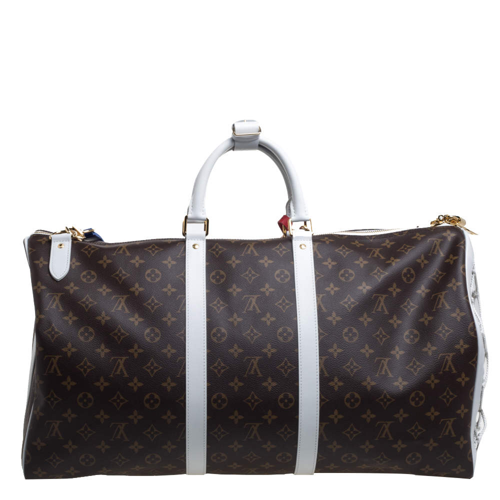 Louis Vuitton NBA Brown and White Monogram Canvas Keepall Bandouliere 55 Gold Hardware, 2020 (Like New), Handbag