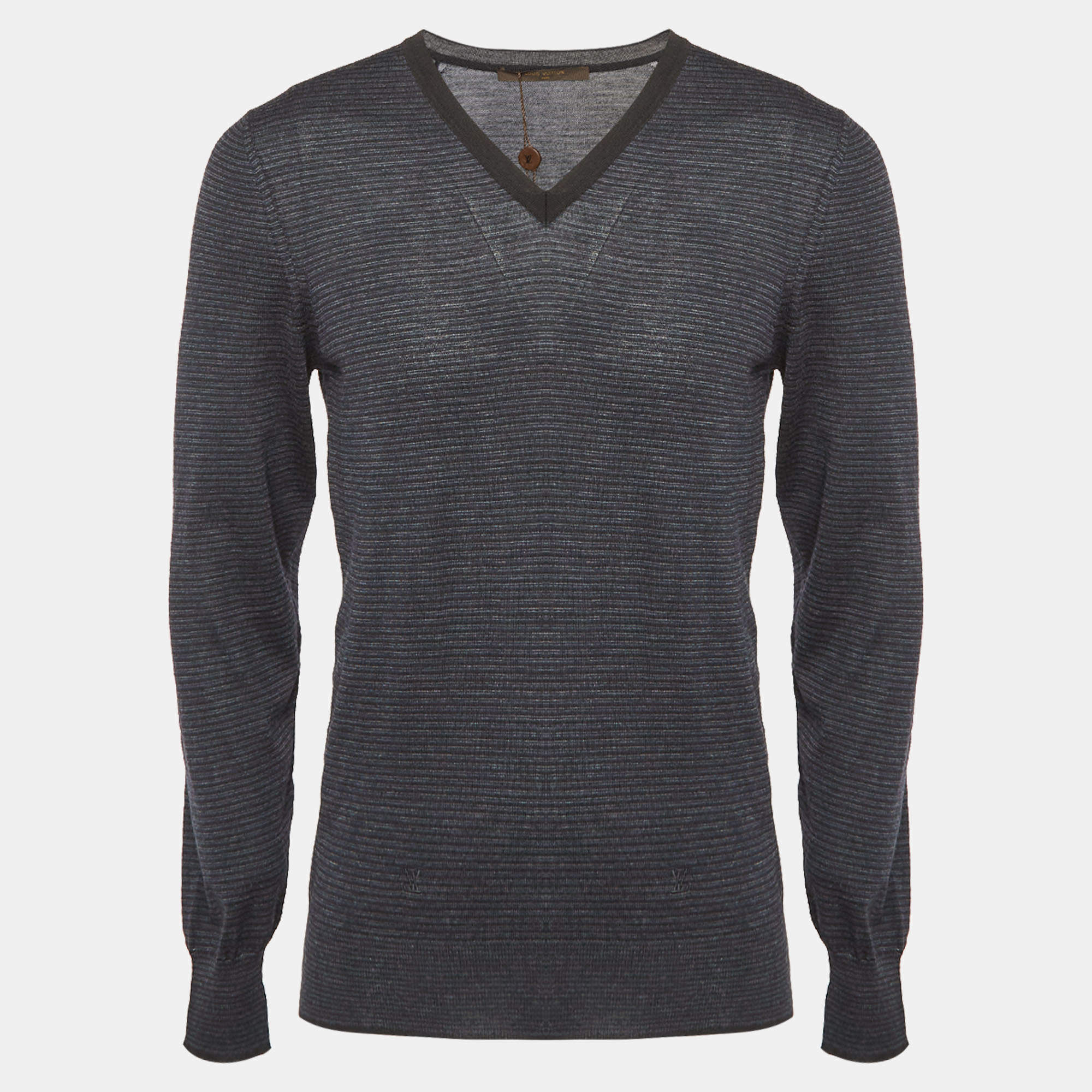 Louis Vuitton Navy Blue Striped Knit V-Neck Sweatshirt M