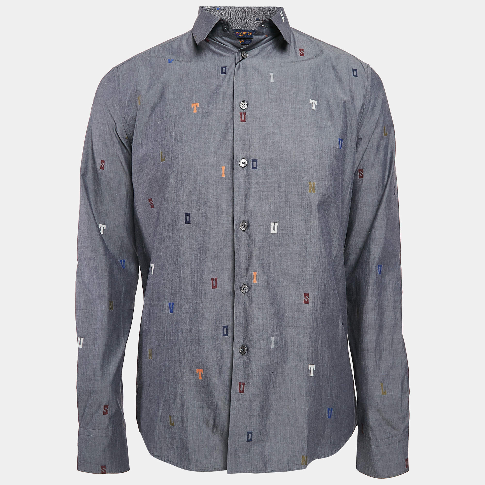 Pre Owned Louis Vuitton Grey Alphabet Fil Coupe Cotton DNA Collar Shirt S
