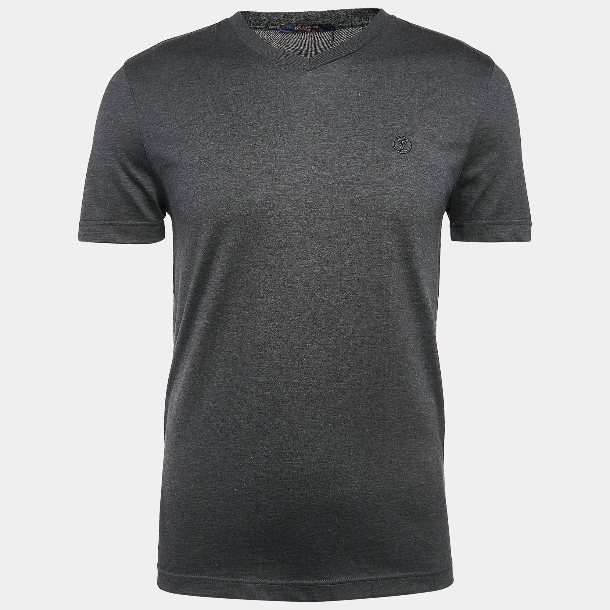 Louis Vuitton Grey LV Embroidered Jersey V-Neck T-Shirt XS