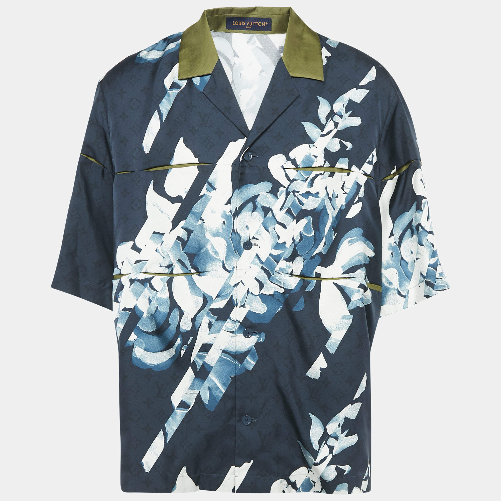 Louis Vuitton Blue Floral Monogram Print Silk Short Sleeve Shirt XXL