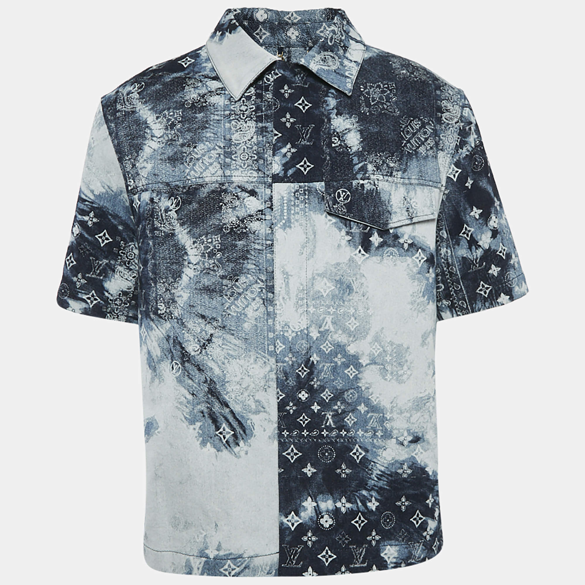 Louis Vuitton Blue Logo Bandana Print Denim Button Front Shirt M
