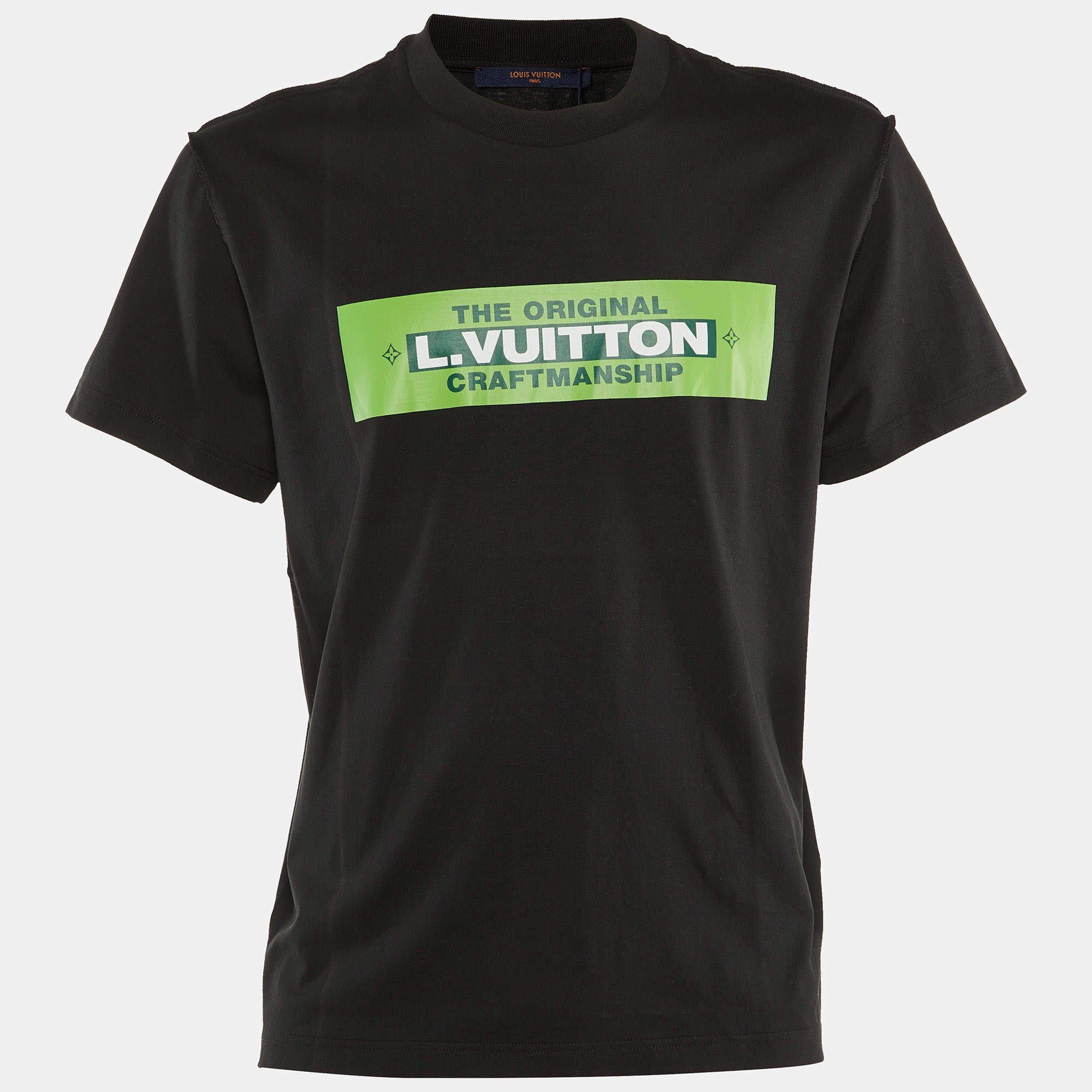 Louis Vuitton Black/Green Logo Print Cotton Crew Neck T-Shirt L