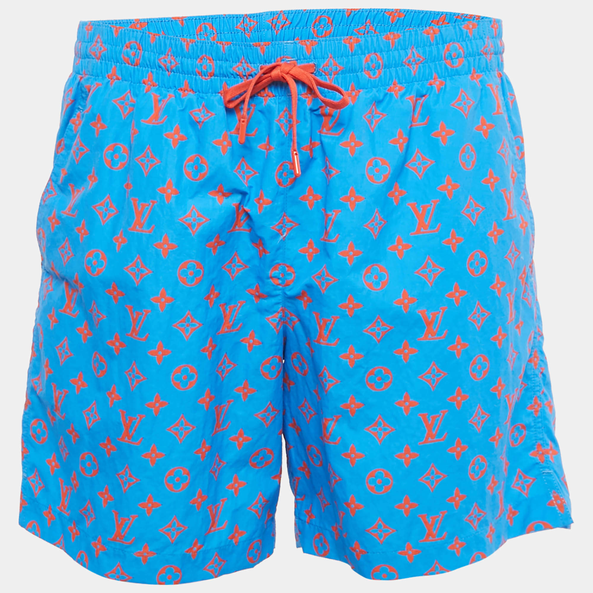 Pre Owned Louis Vuitton Blue Logo Monogram Printed Polyamide Mesh Insert Swim Shorts L