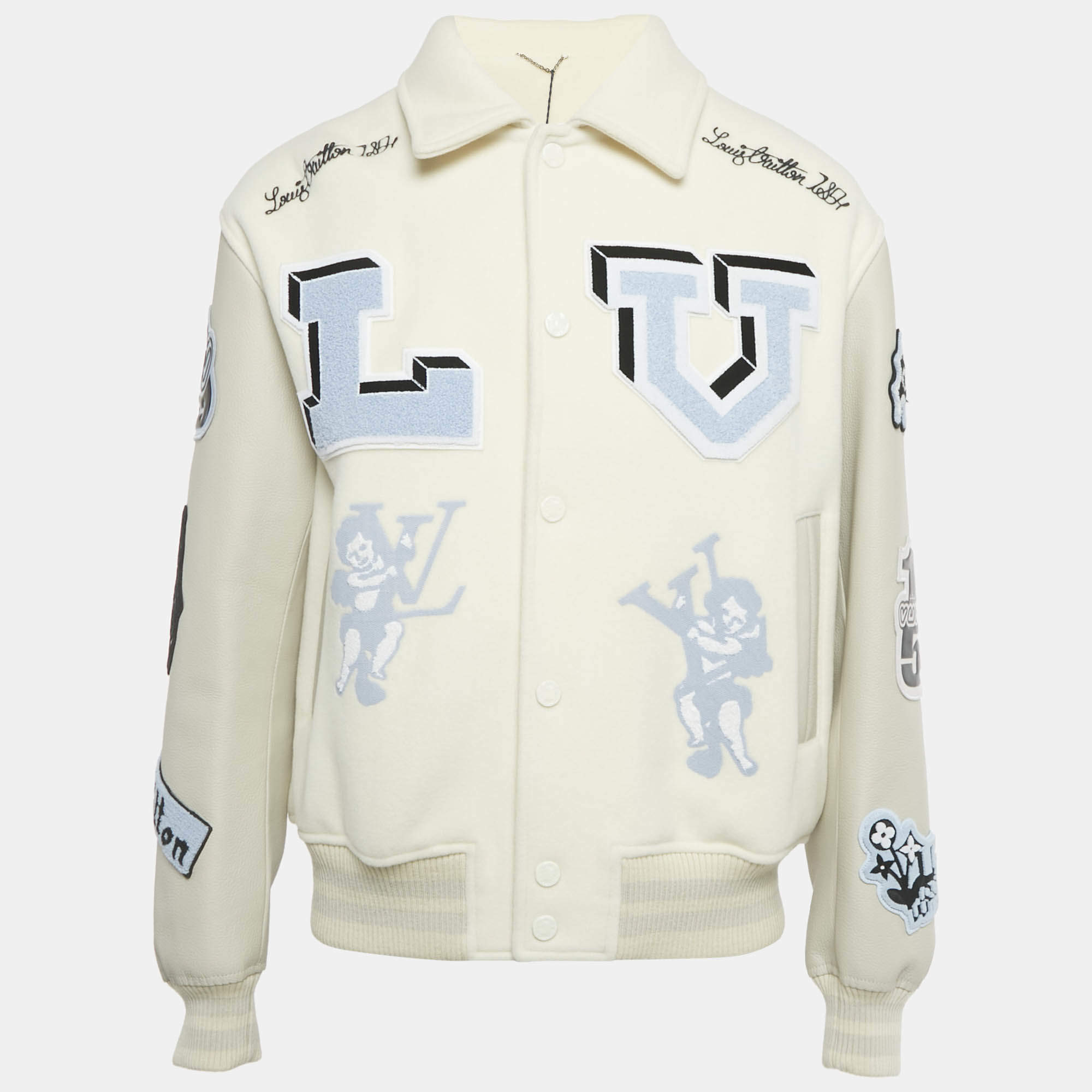 مملوكة مسبقًا Louis Vuitton White/Grey Felt and Leather AS Patch Varsity Blouson XL