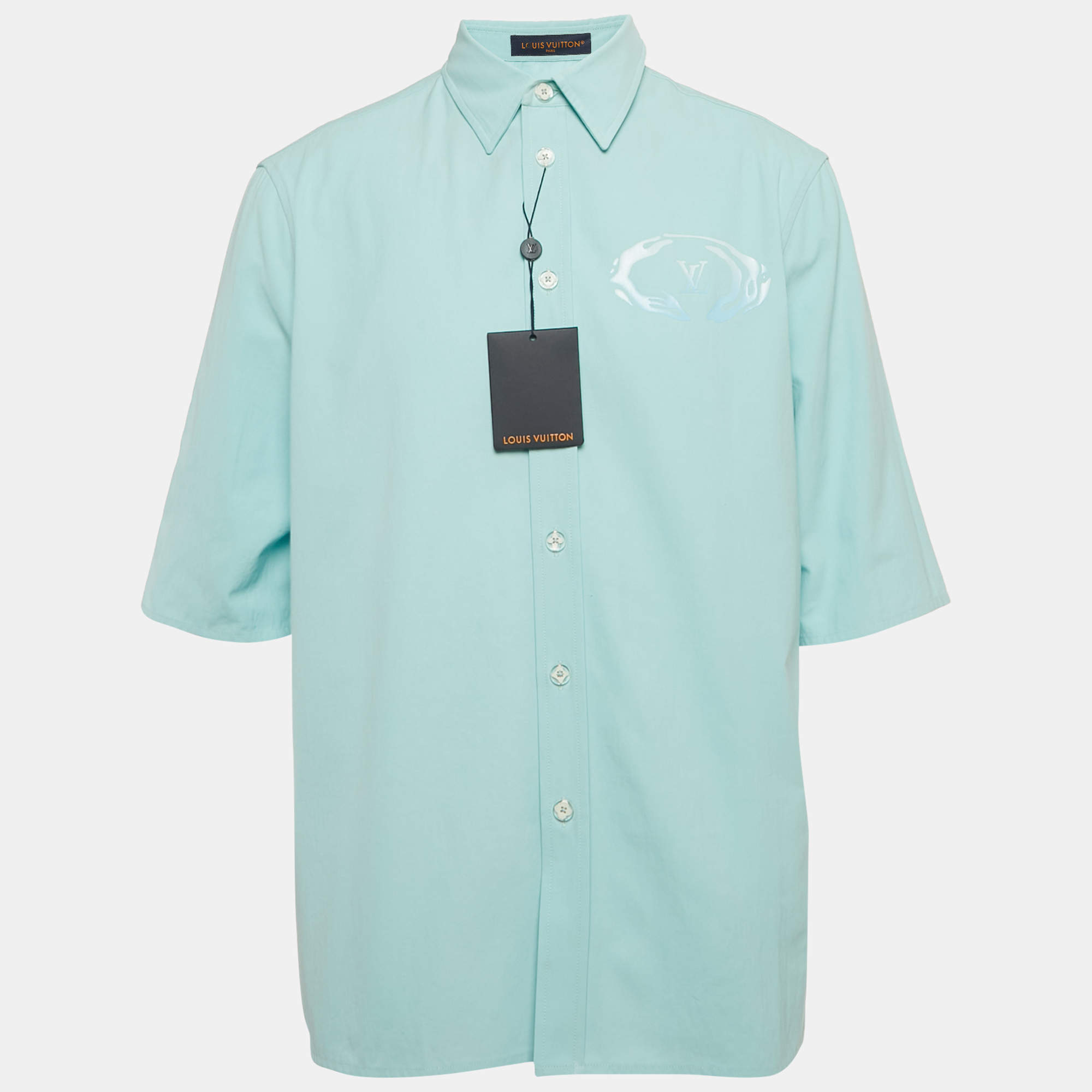 مملوكة مسبقًا قميص لويس فيتون قطن أزرق بطبعة شعار بأكمام قصيرة كبير