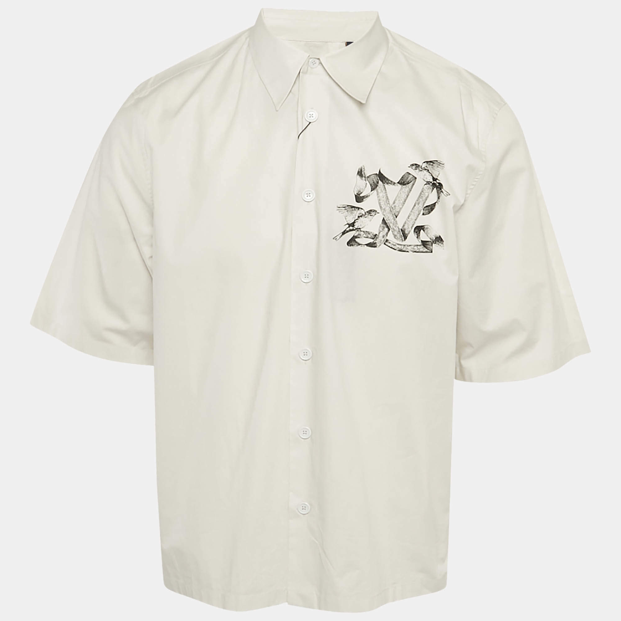 مملوكة مسبقًا Louis Vuitton Grey LV Ribbon Print Cotton Short Sleeve Shirt M