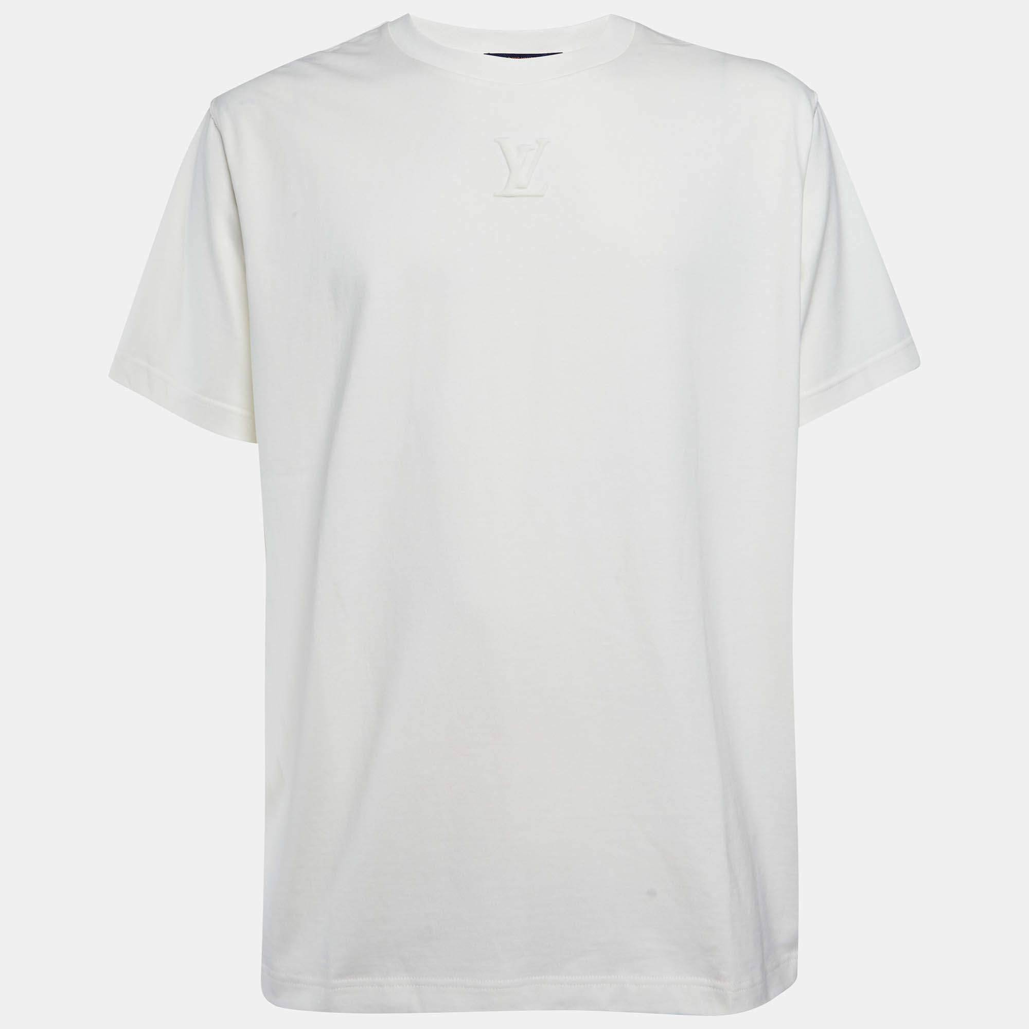 Pre Owned Louis Vuitton Off White Logo Embossed Cotton Crew Neck T-Shirt L