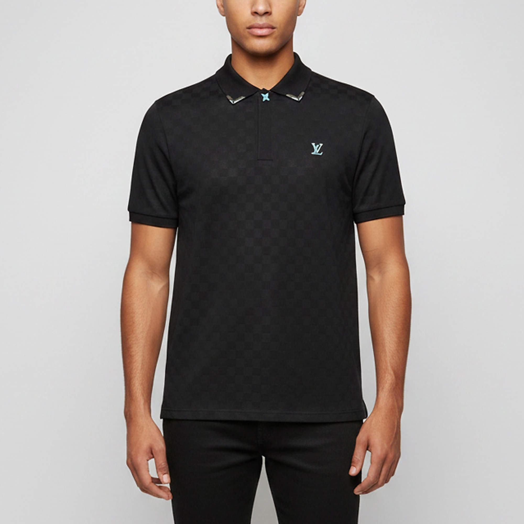Pre Owned Louis Vuitton Black Damier Jacquard Knit Polo T-Shirt XL