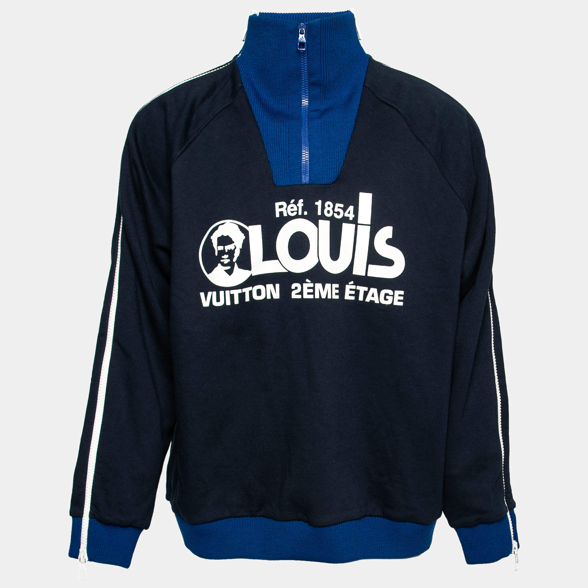 Pre Owned Louis Vuitton Navy Blue Printed Cotton Zip Detail Sweatshirt XL