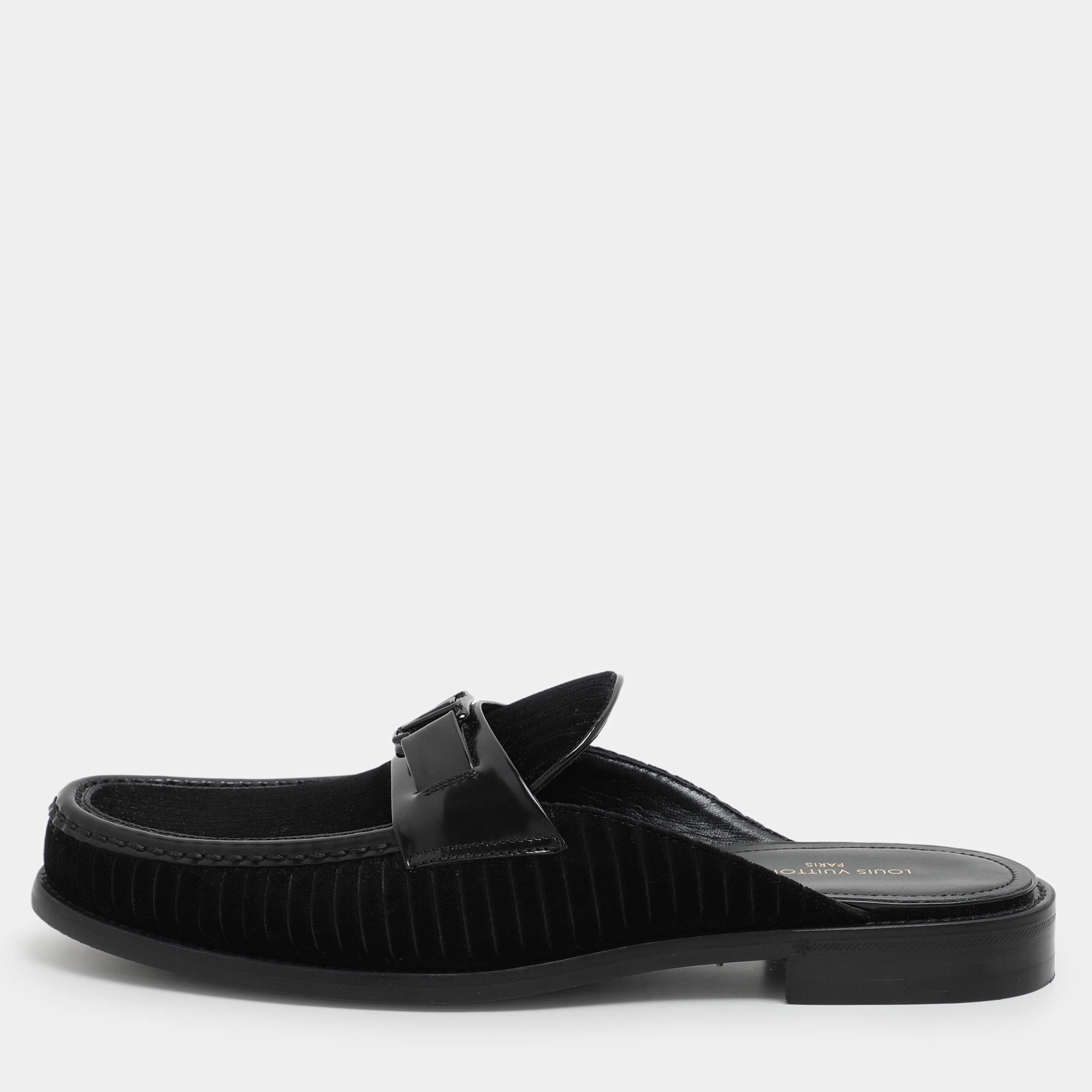 Louis Vuitton Black Leather and Velvet Major Open Back Loafers Size 42.5
