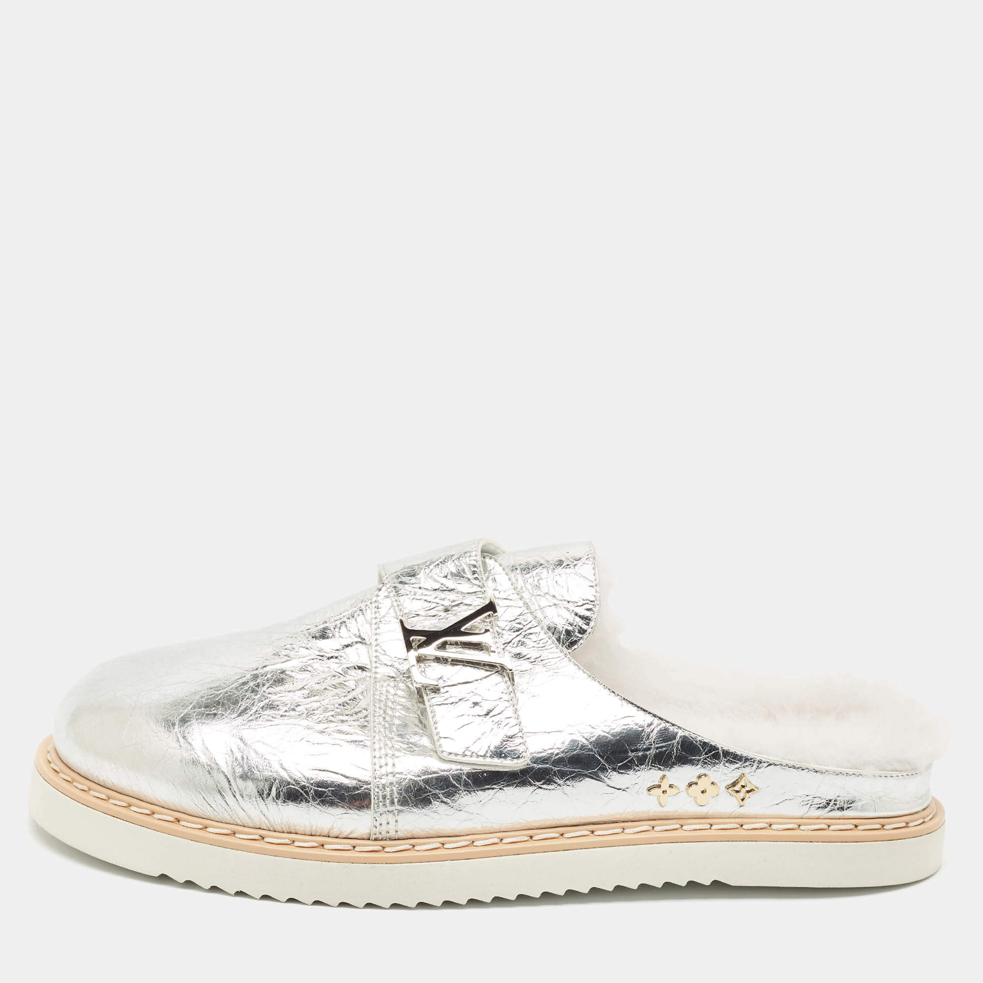 Louis Vuitton Metallic Silver Leather LV Easy Flat Mules Size 45
