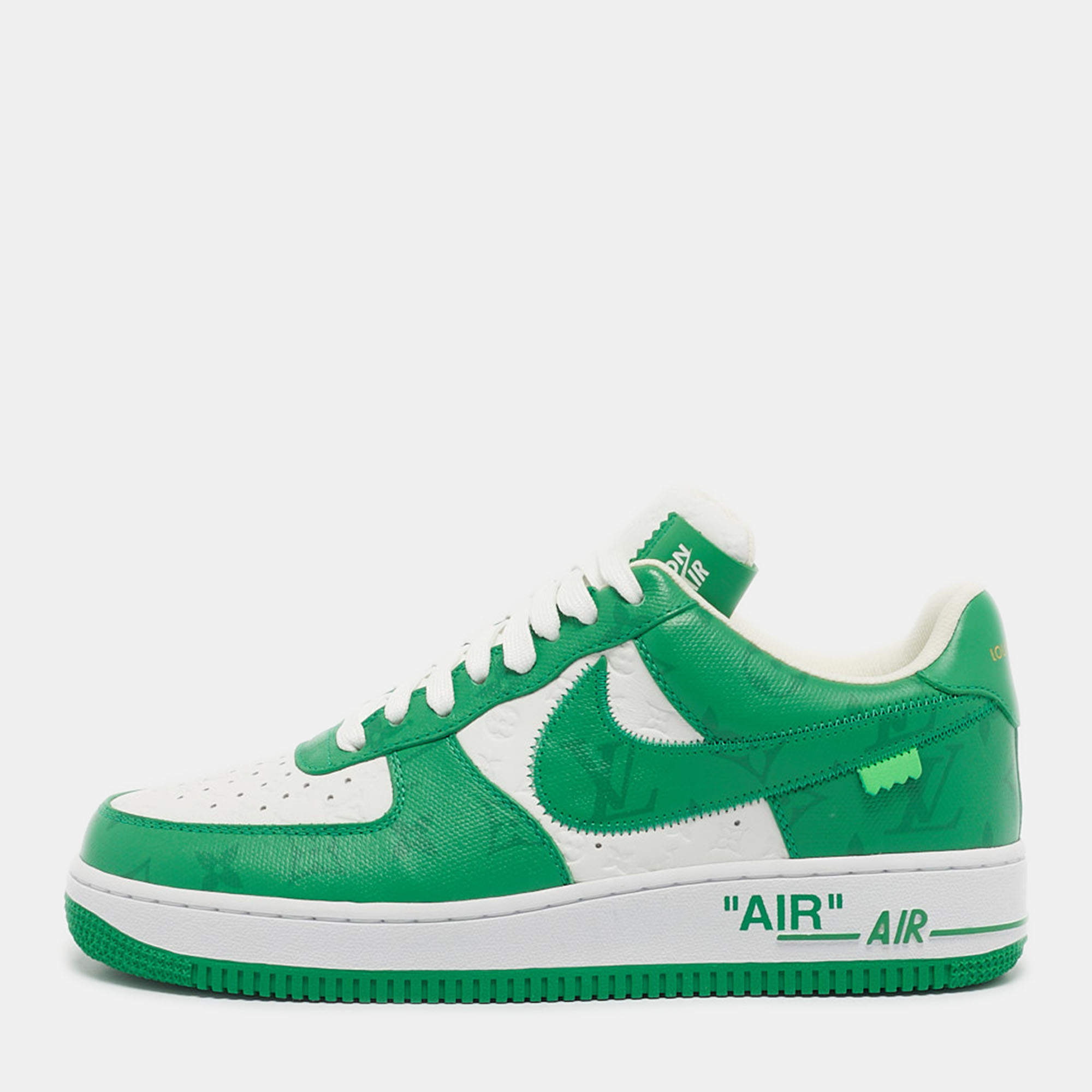 Pre Owned Louis Vuitton x Nike Green/White Monogram Canvas and Leather Air Force 1 Sneakers Size 41