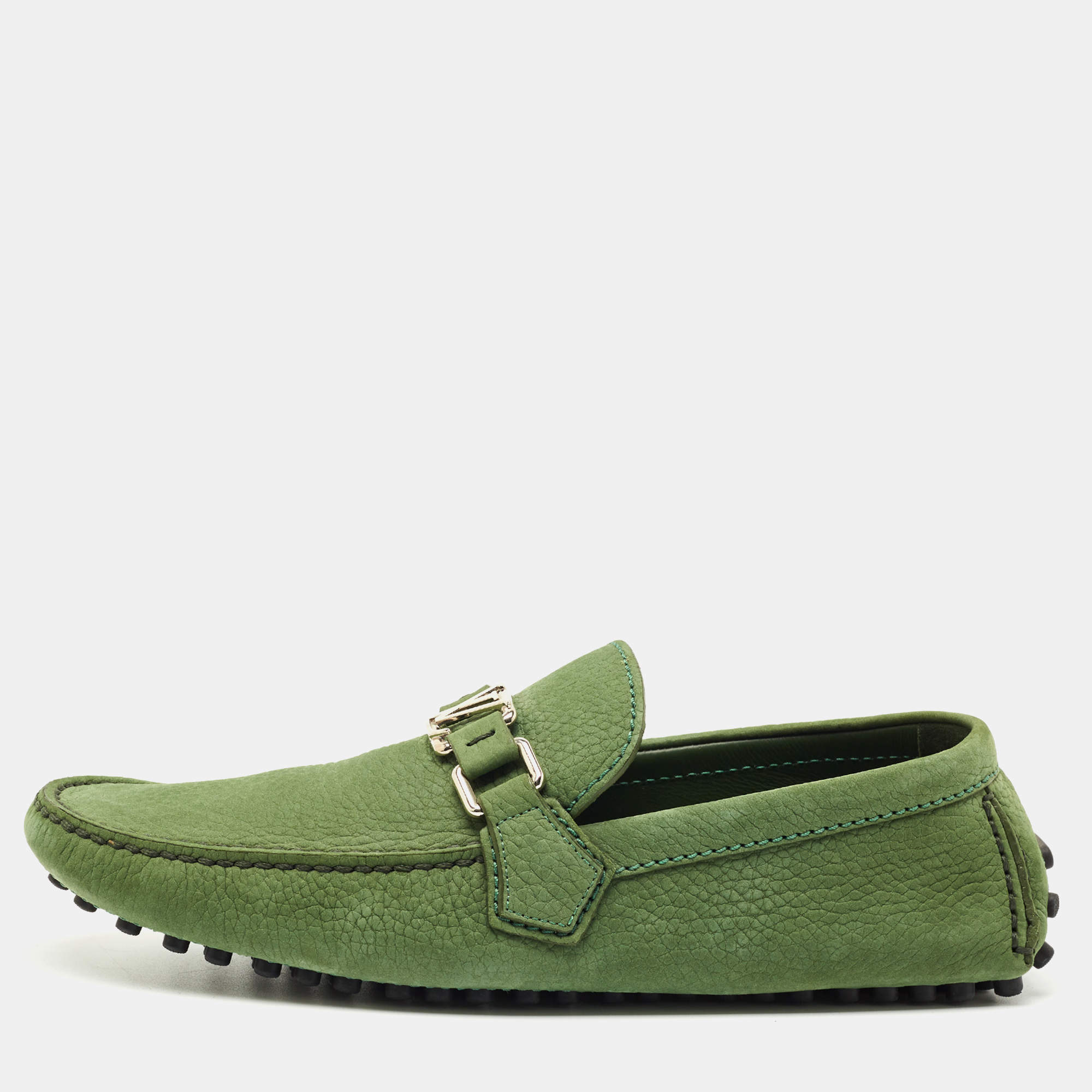 Pre Owned Louis Vuitton Green Nubuck Leather Hockenheim Loafers Size 40.5