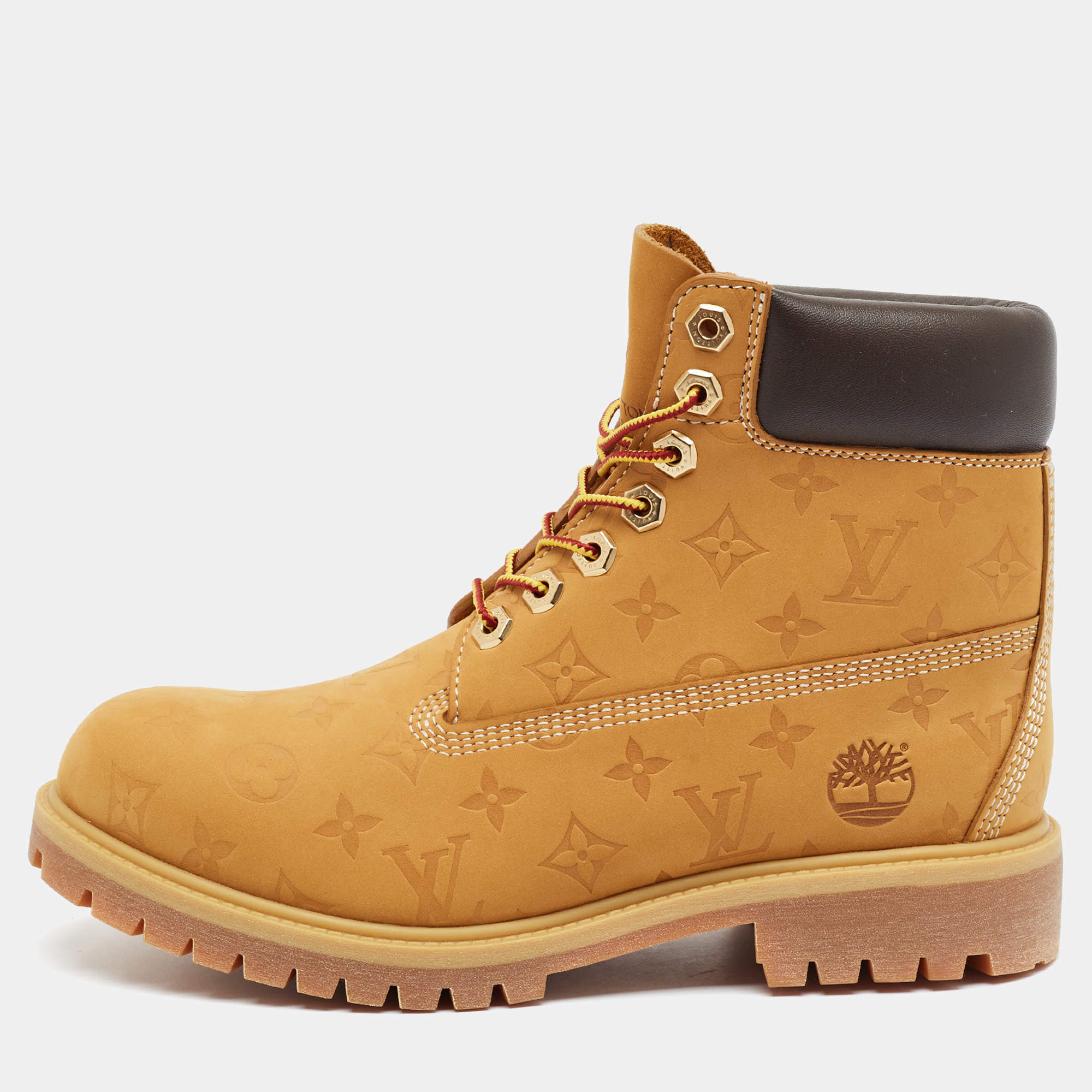 Pre Owned Louis Vuitton x Timberland Size 43 Tan Monogram Nubuck Leather Combat Boots