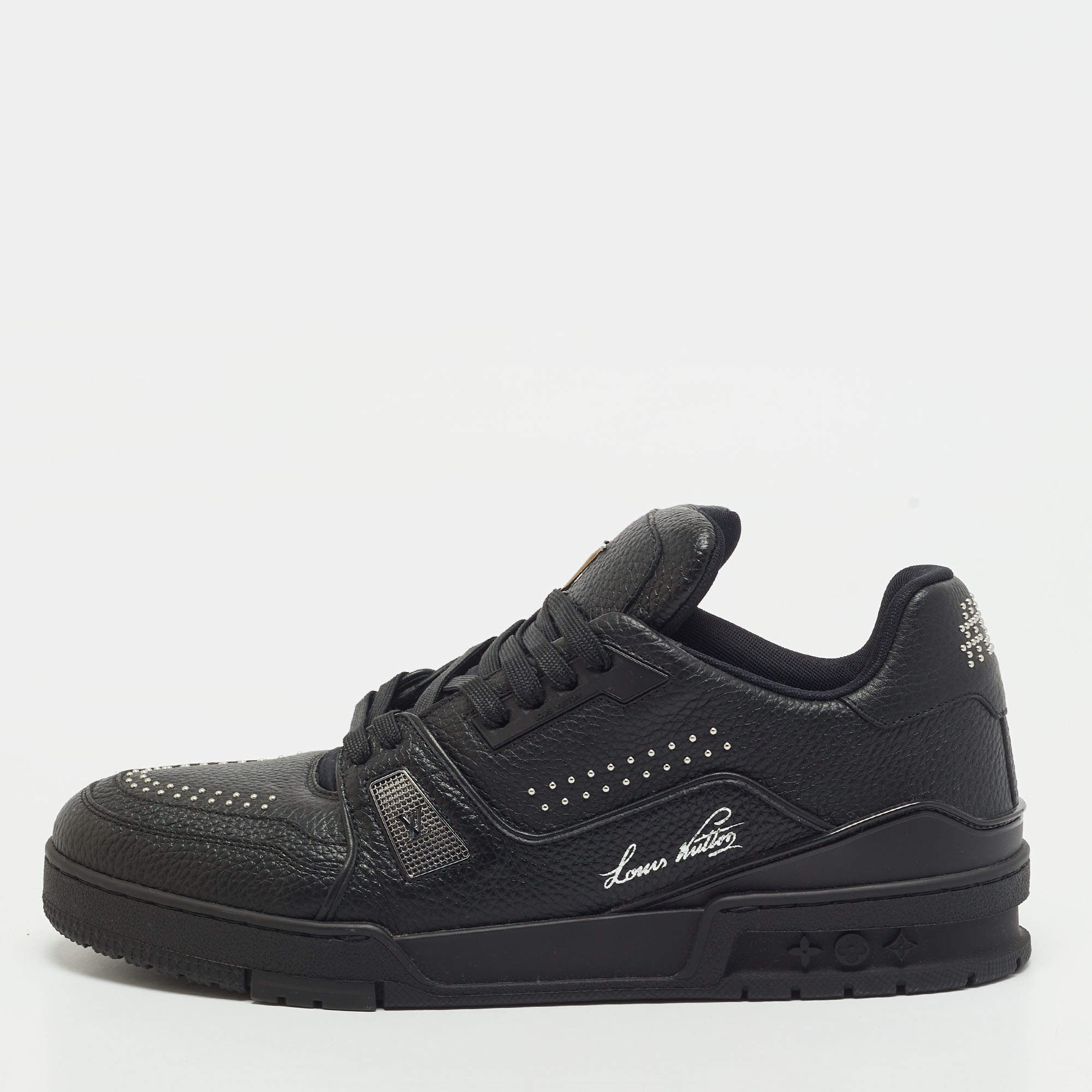 Pre Owned Louis Vuitton LV Trainer Size 44.5 Black Leather Low Top Sneakers