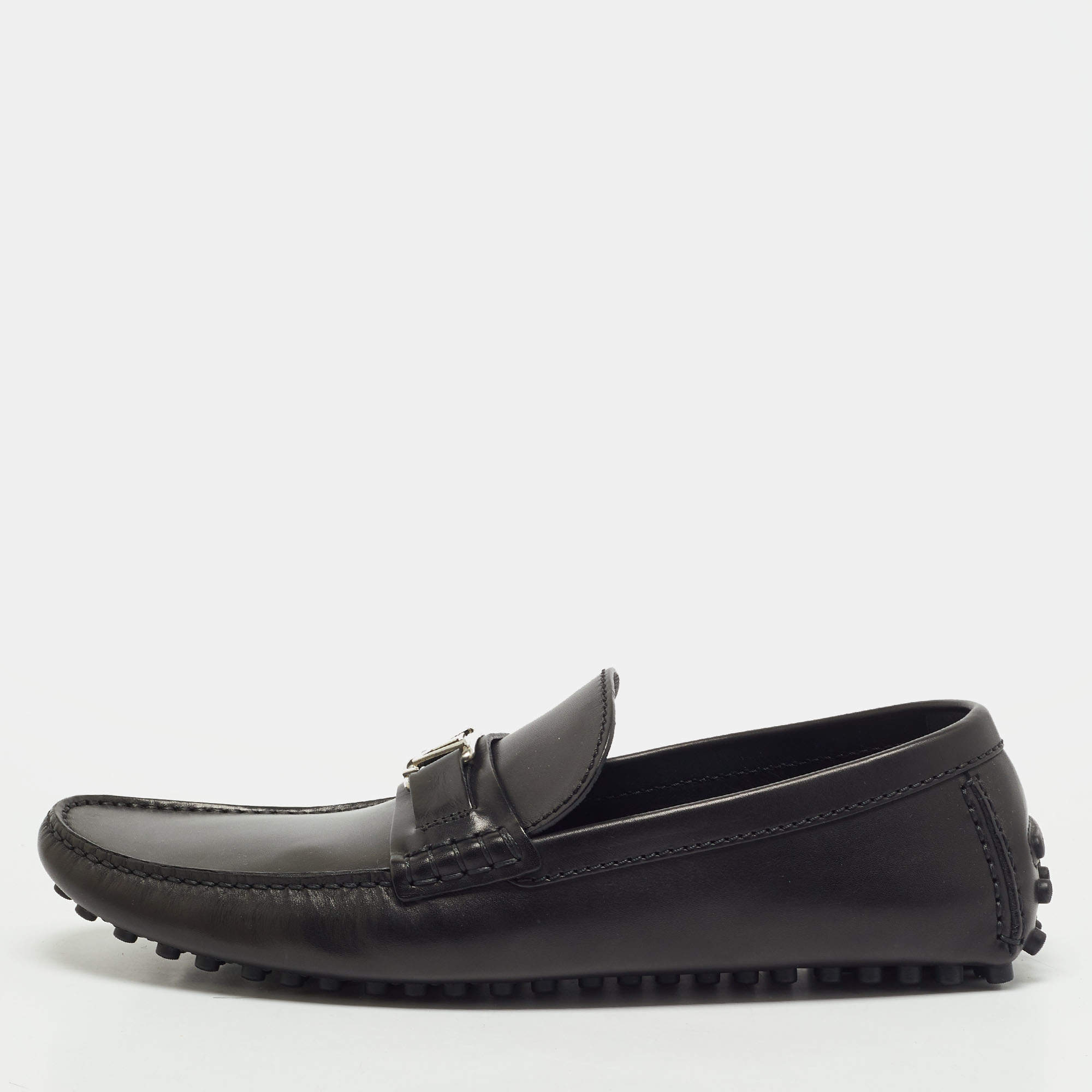 Pre Owned Louis Vuitton Hockenheim Size 44 Black Leather Driver Loafers
