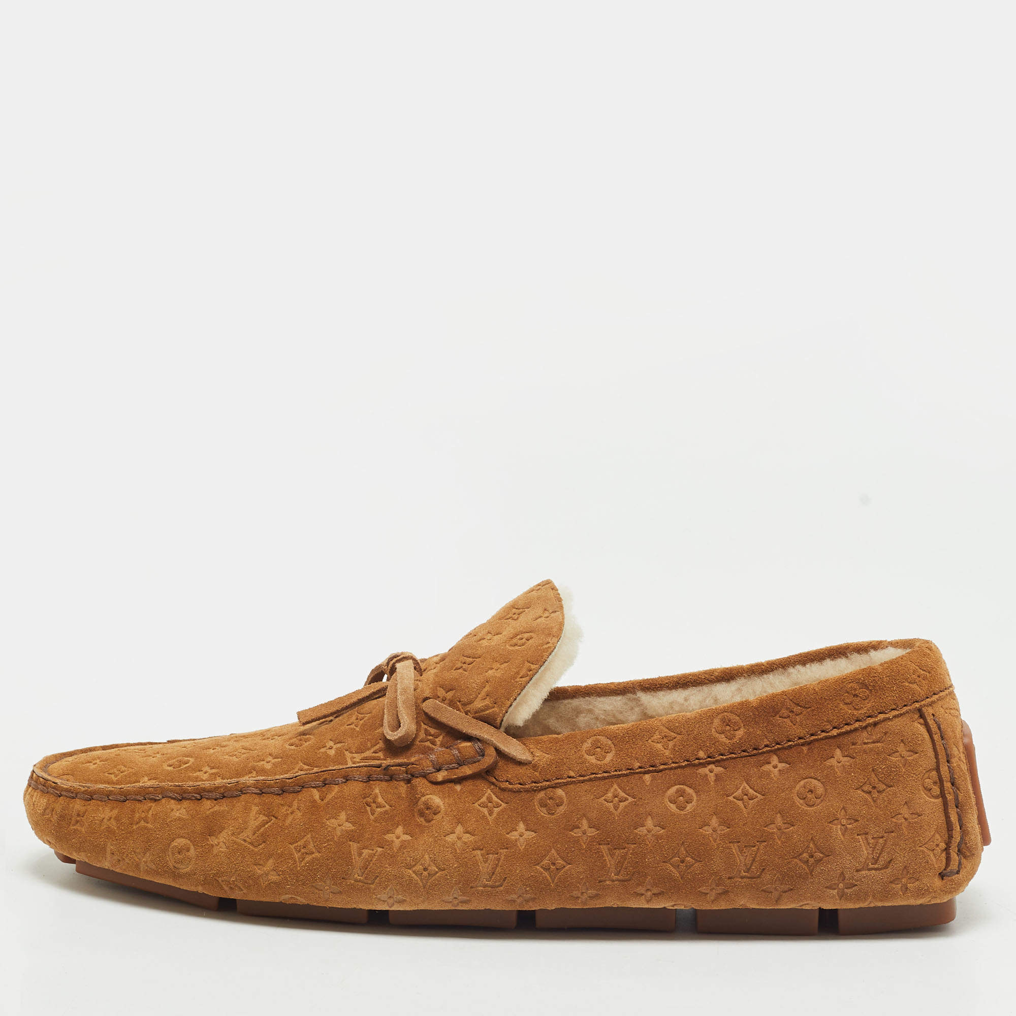 Pre Owned Louis Vuitton Size 44 Brown Monogram Suede Driver Loafers