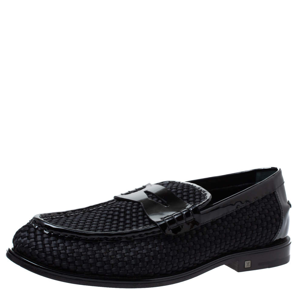 Louis Vuitton Black Patent Leather And Woven Satin Penny Slip On Loafers Size 41.5