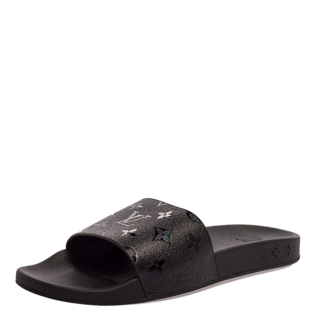 Louis Vuitton Black Rubber Monogram Waterfront Slide Sandals Size 42