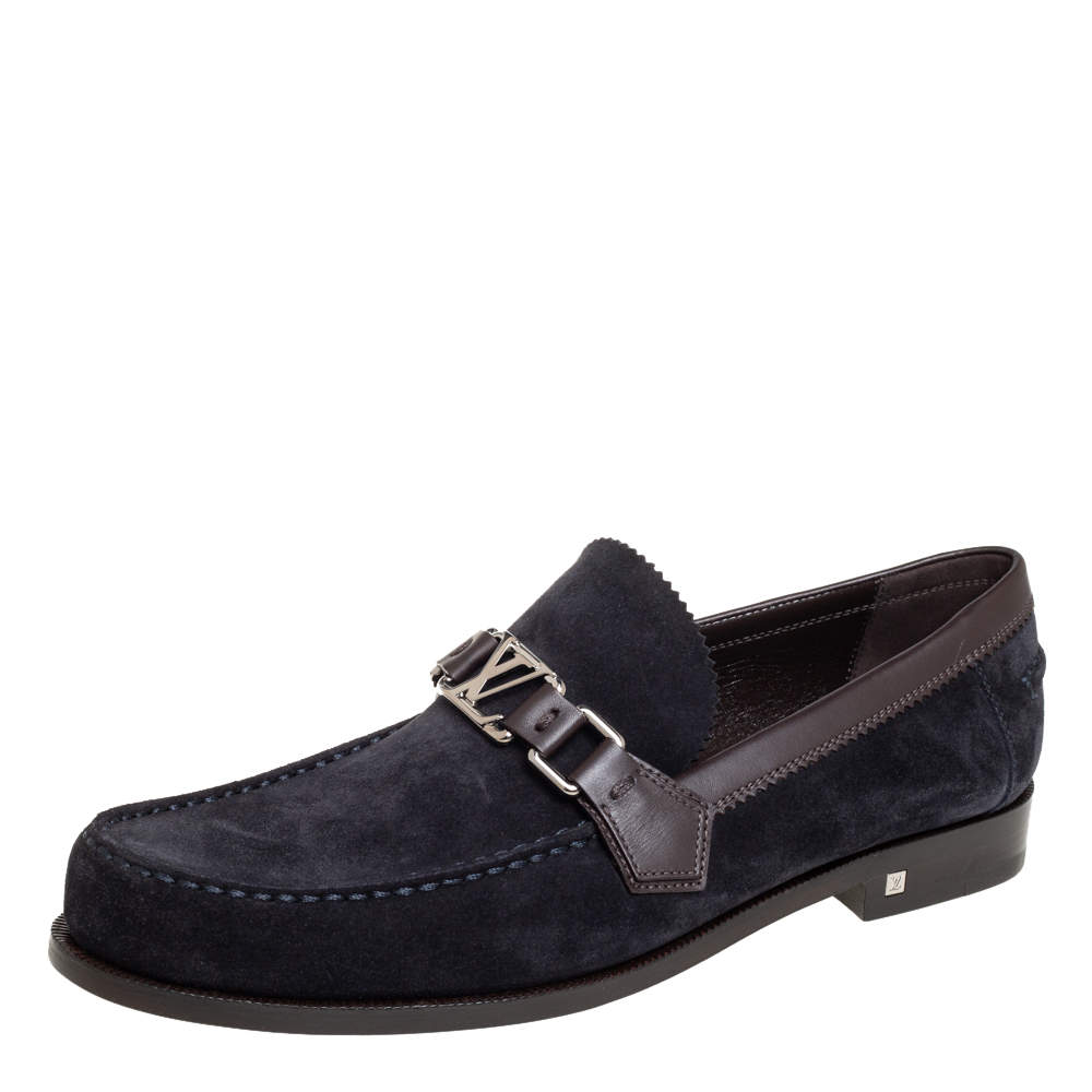 Pre Owned حذاء لوفرز لوي فيتون ماجور سليب أون جلد و سويدي بني و أزرق كحلي مقاس 42