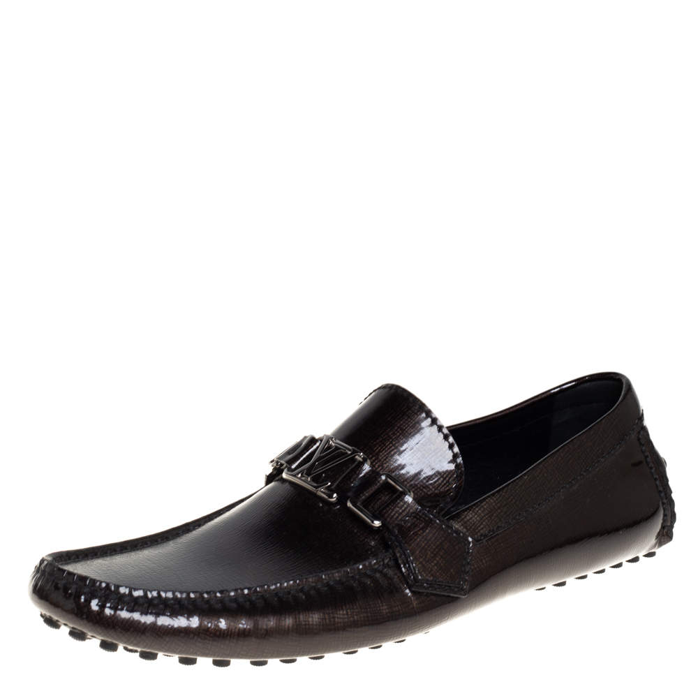 Pre Owned Louis Vuitton Brown Textured Patent Leather Hockenheim Loafers Size 41.5