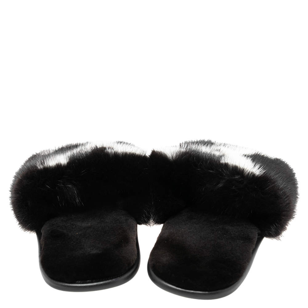 Louis Vuitton Black/White Mink Fur Homey Flat Mules Size 42 Louis Vuitton