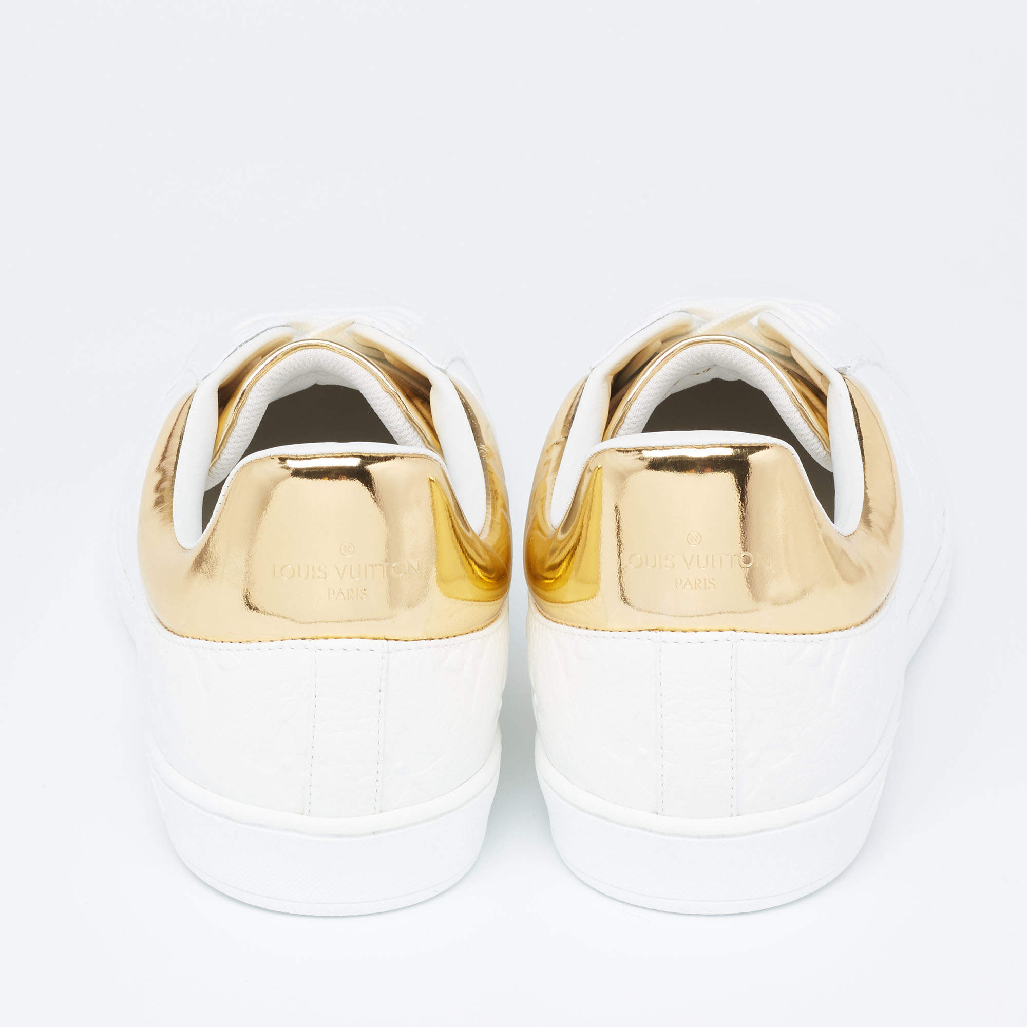 Louis Vuitton White Low Top Sneakers with Gold Logo - 8.5