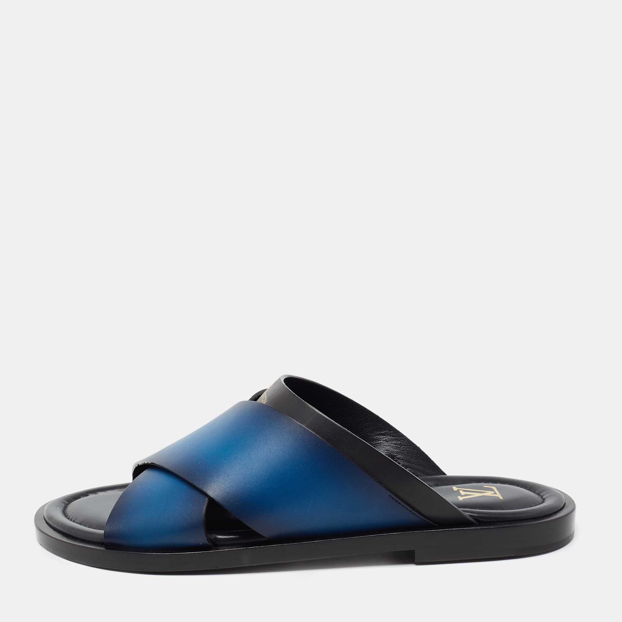 Pre Owned Louis Vuitton Blue Two-Tone Leather Foch Cross Strap Flat Slide Sandals Size 41