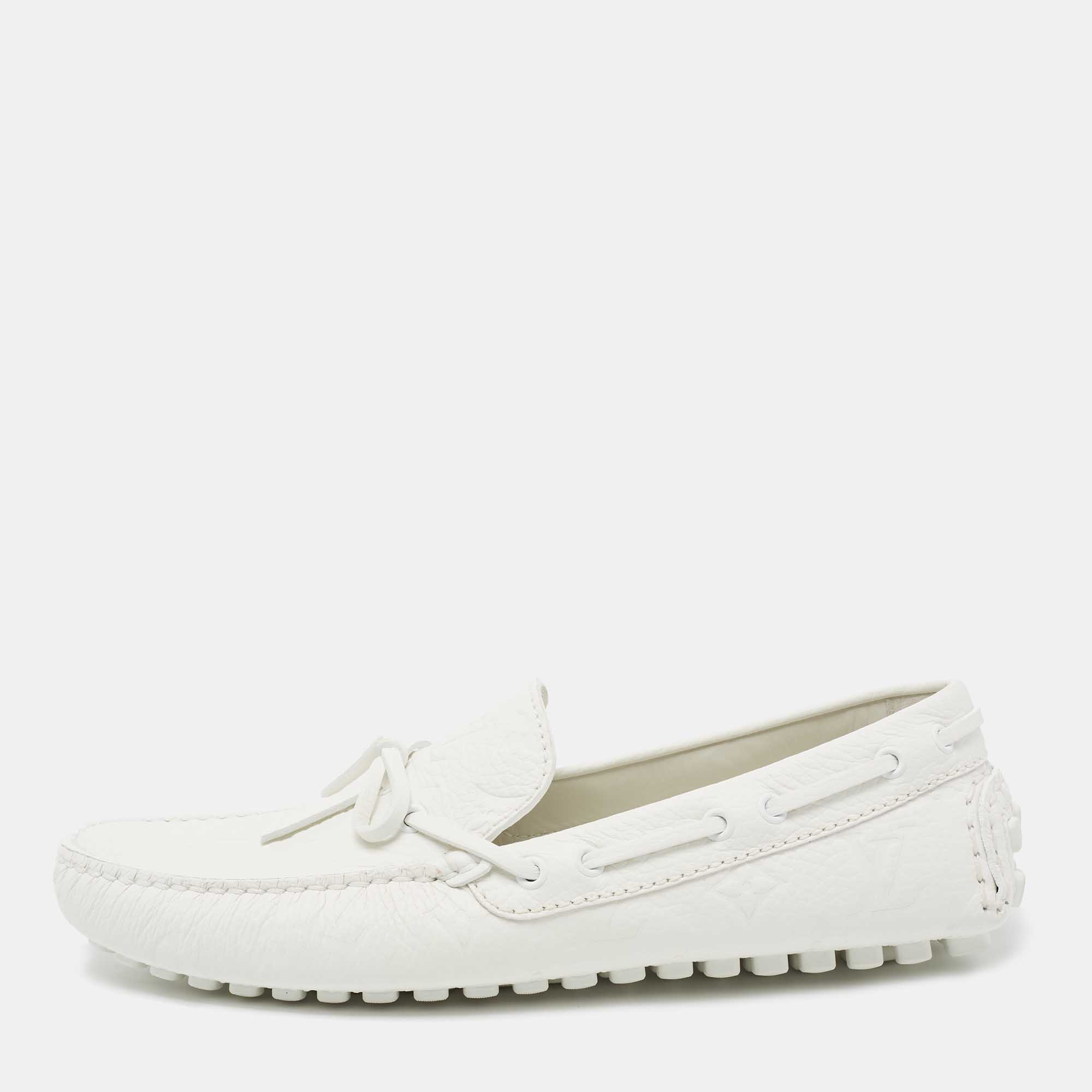 Pre Owned Louis Vuitton White Monogram Leather Arizona Moccasin Slip On Loafers Size 42