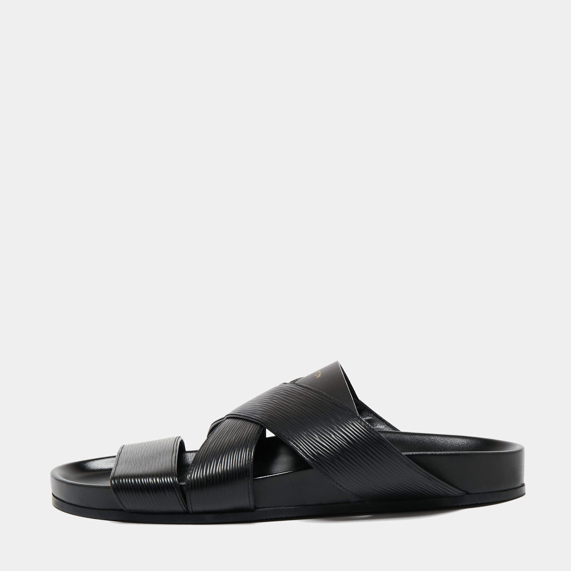 Louis Vuitton Black Epi Leather Cross Strap Flat Slides Size 41.5