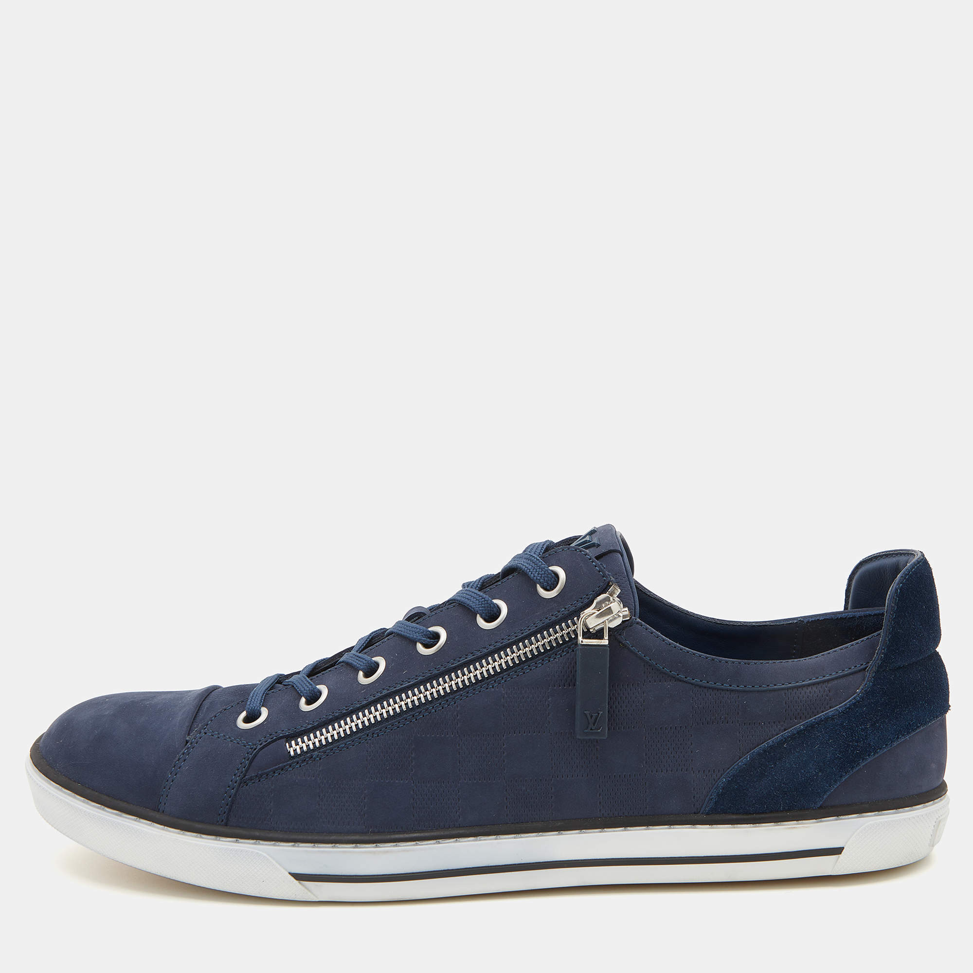 مملوكة مسبقًا Louis Vuitton Blue Damier Nubuck Leather and Suede Adventure Sneakers Size 45.5