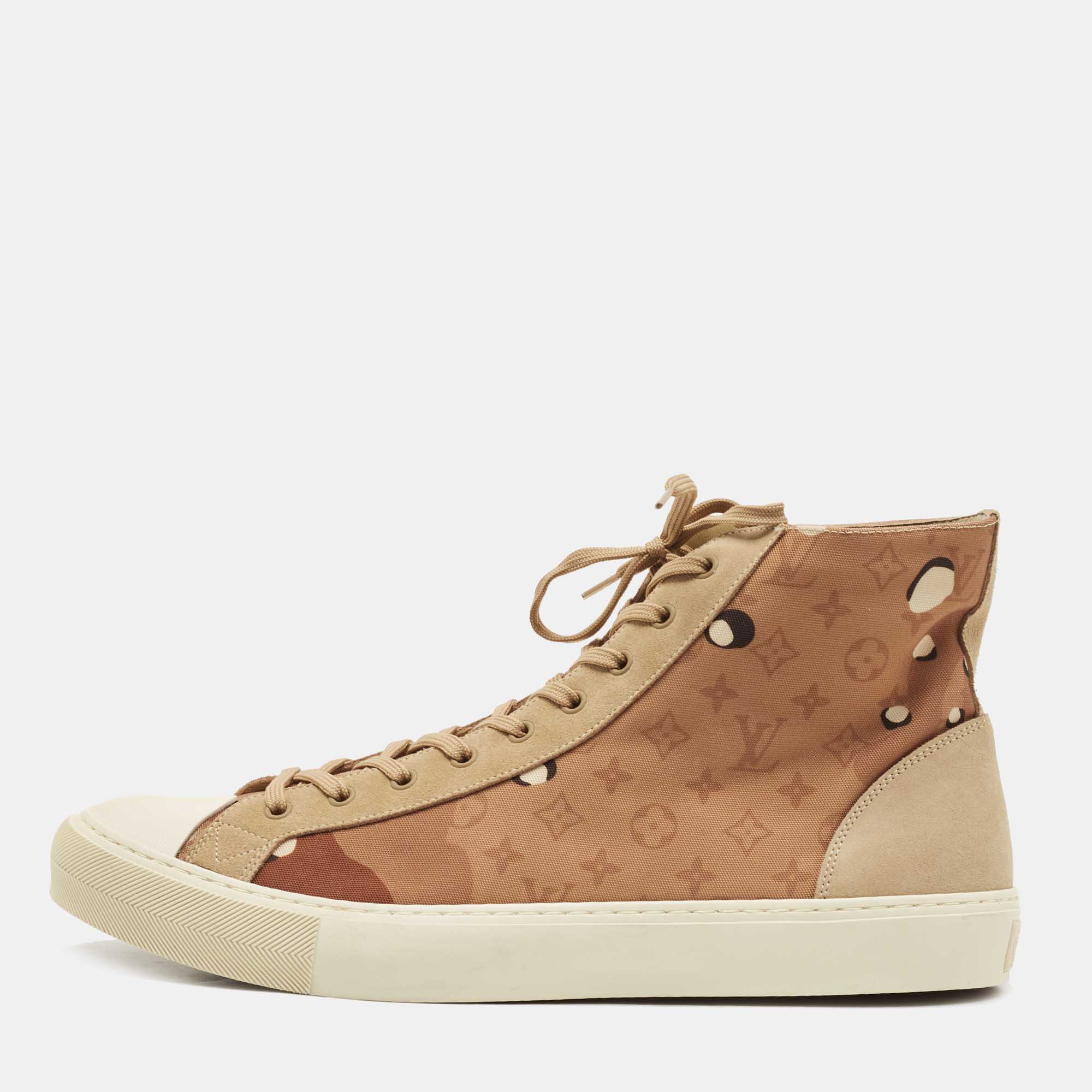 مملوكة مسبقًا Louis Vuitton Brown/Beige Suede and Canvas High Top Sneakers Size 46