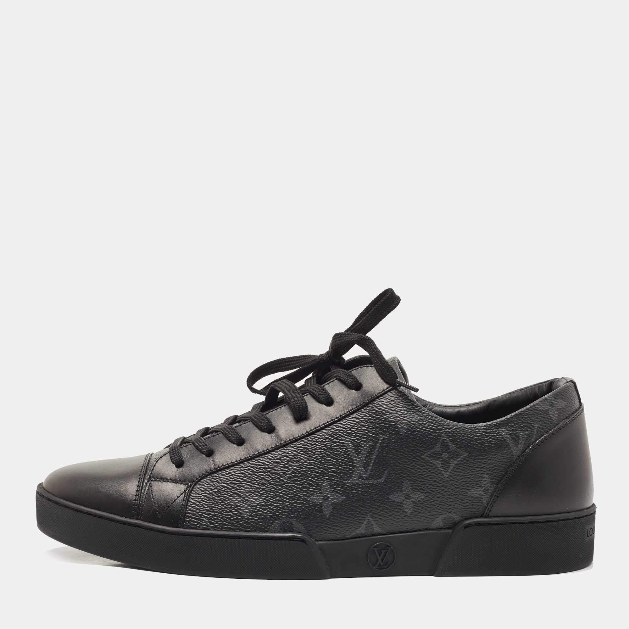 مملوكة مسبقًا Louis Vuitton Black/Grey Leather and Monogram Canvas Match Up Sneakers Size 43