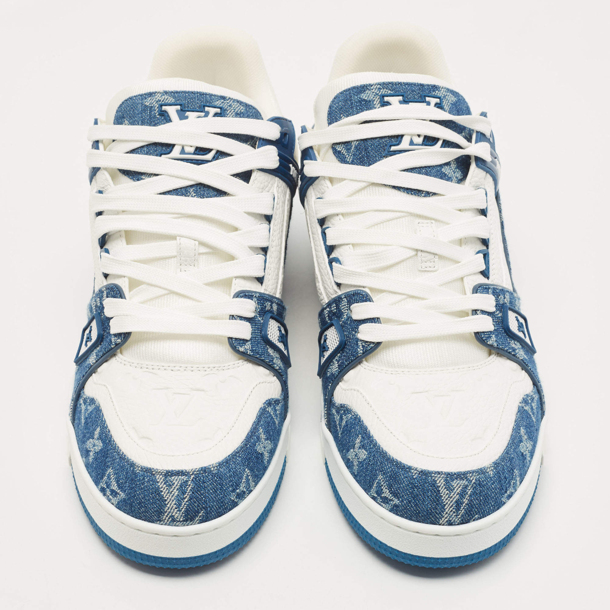 Louis Vuitton Blue/White Leather and Denim LV Trainer Sneakers Size 44