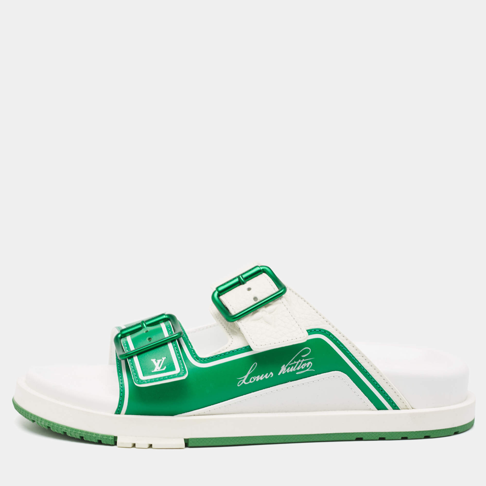 Pre Owned Louis Vuitton White/Green Monogram Embossed Leather LV Trainer Sandals Size 41