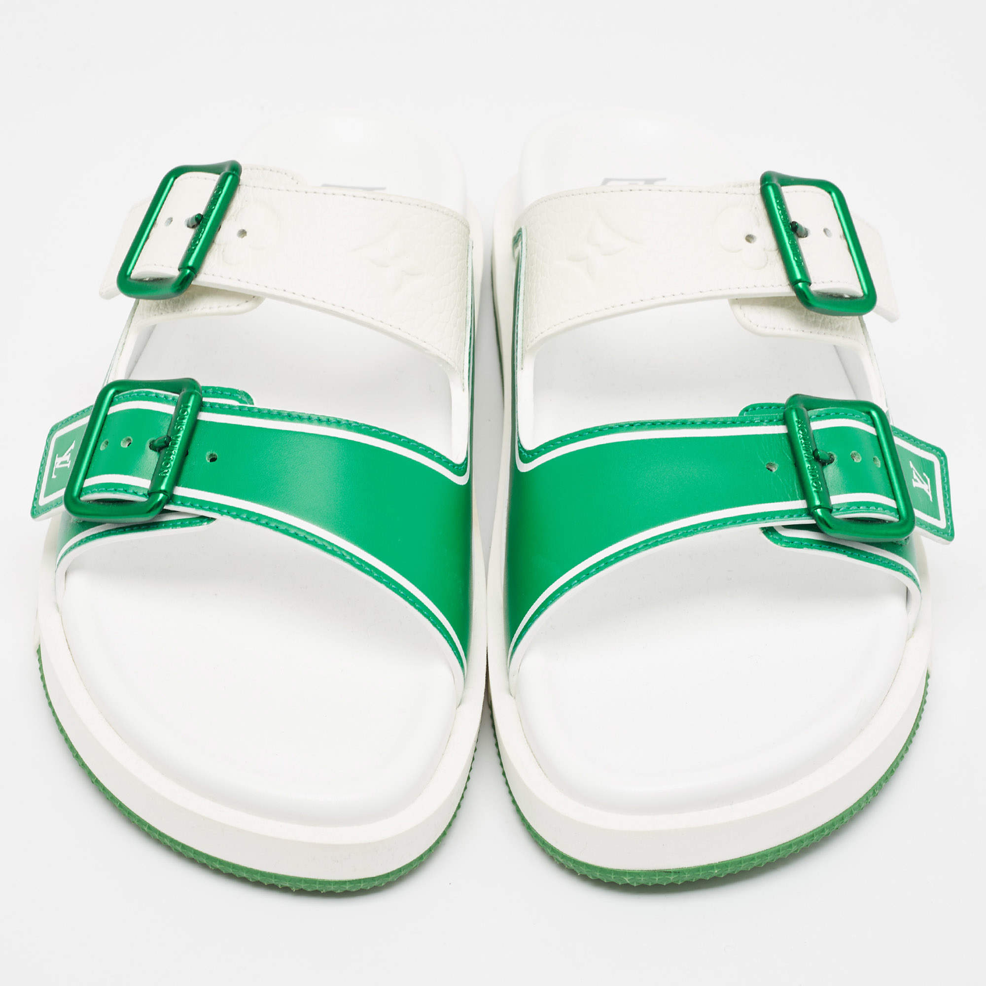 Louis Vuitton White/Green Monogram Embossed Leather LV Trainer Sandals Size 41