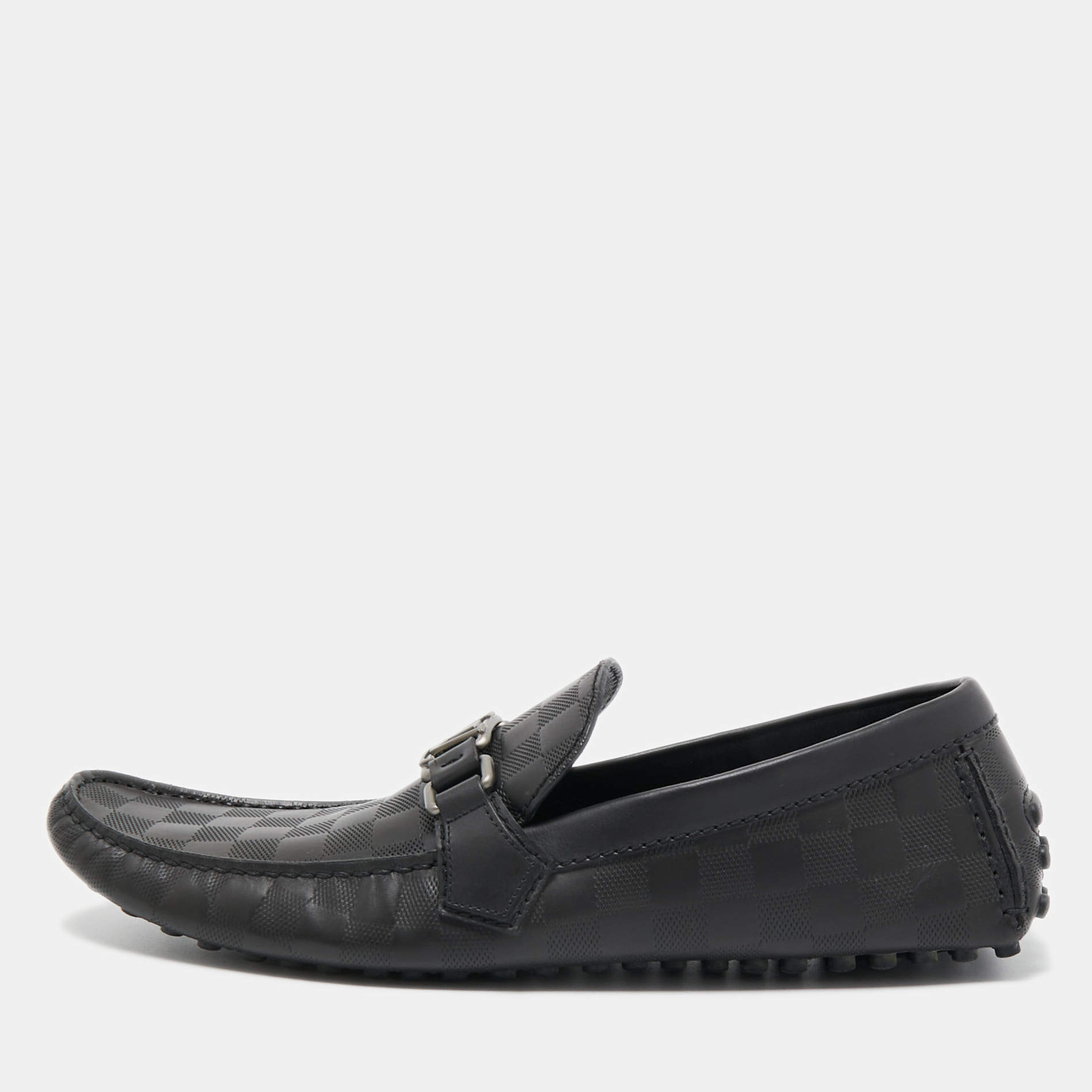Louis Vuitton Black Damier Graphite Leather Driver Loafers Size 44