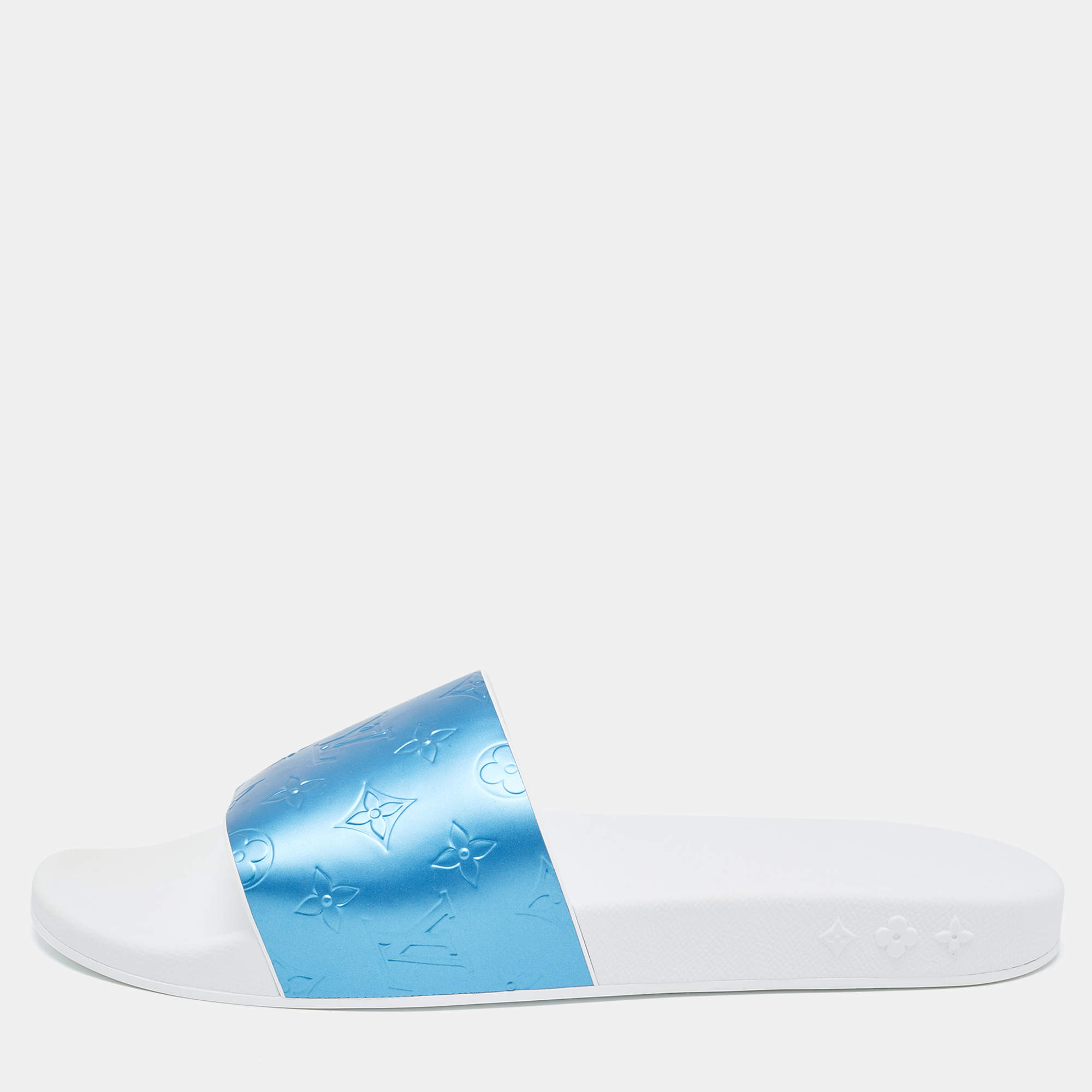 Louis Vuitton Blue/Grey Rubber Flat Slides Size 45