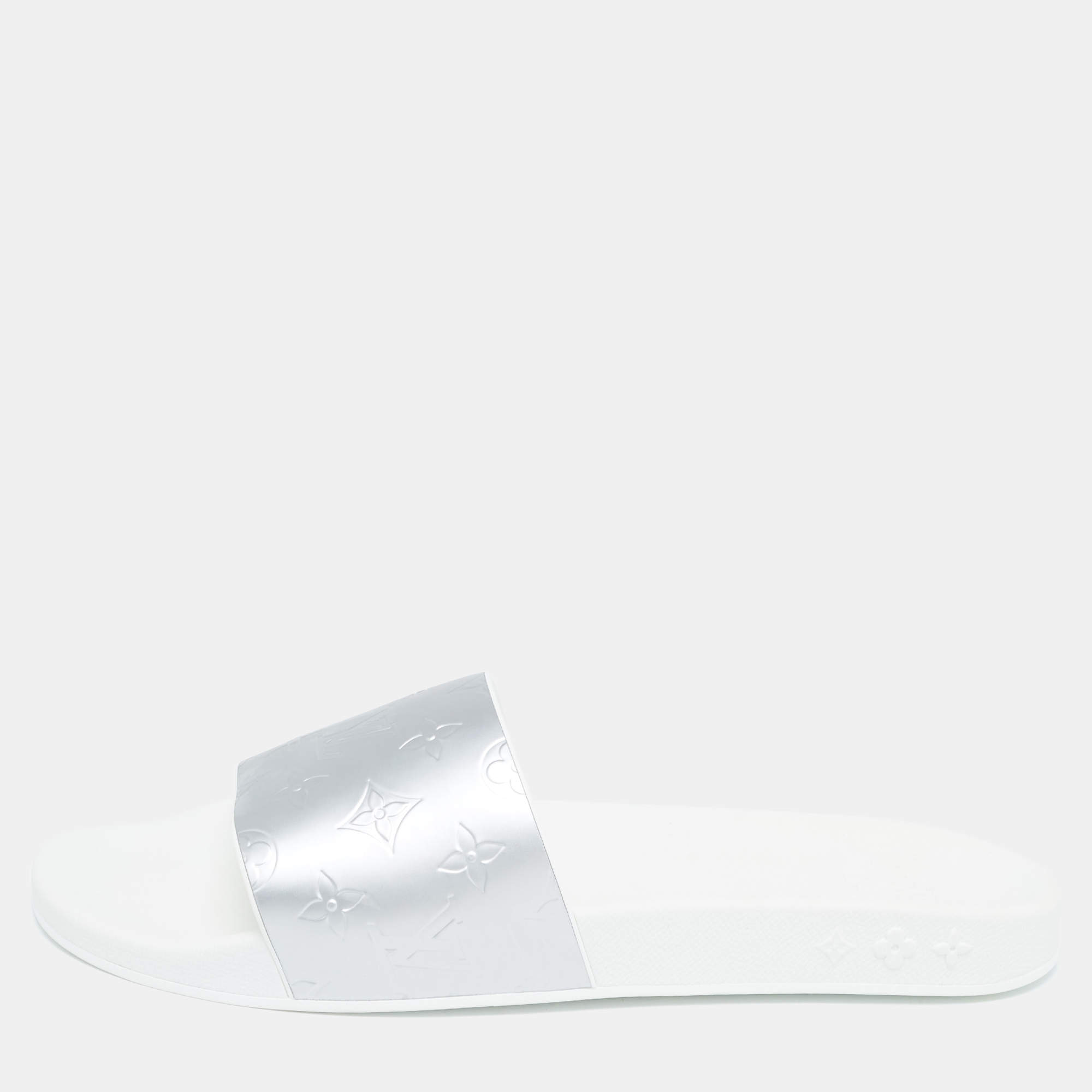 Louis Vuitton Silver Monogram Leather Mules Size 44